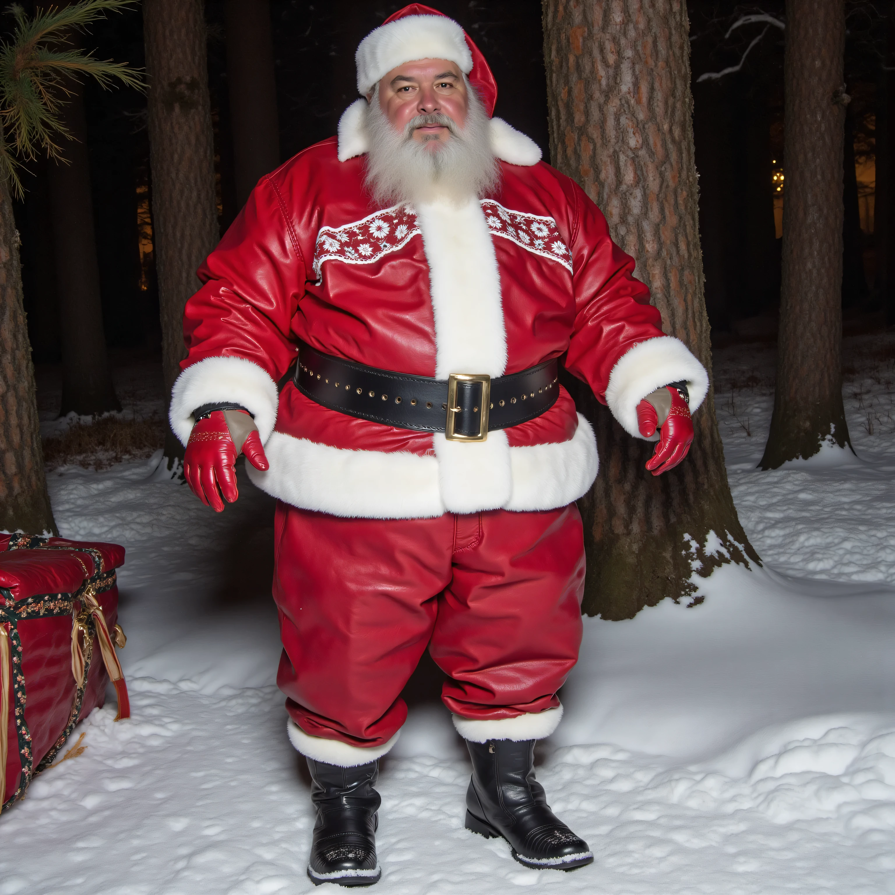 ,a 600 pound full-figured body male 79 years old, elderly, gray hair, santa claus, wearing bredwhtredcheckercrjkt a red leather jacket that has worn white trim, wearing red leather pants with worn white trim, wearing a thick heavy black wide scbelt2025 with snowflakes etched into the leather, standing next to a snowy forest, the forest's trees glow with eerie energy of the holiday season