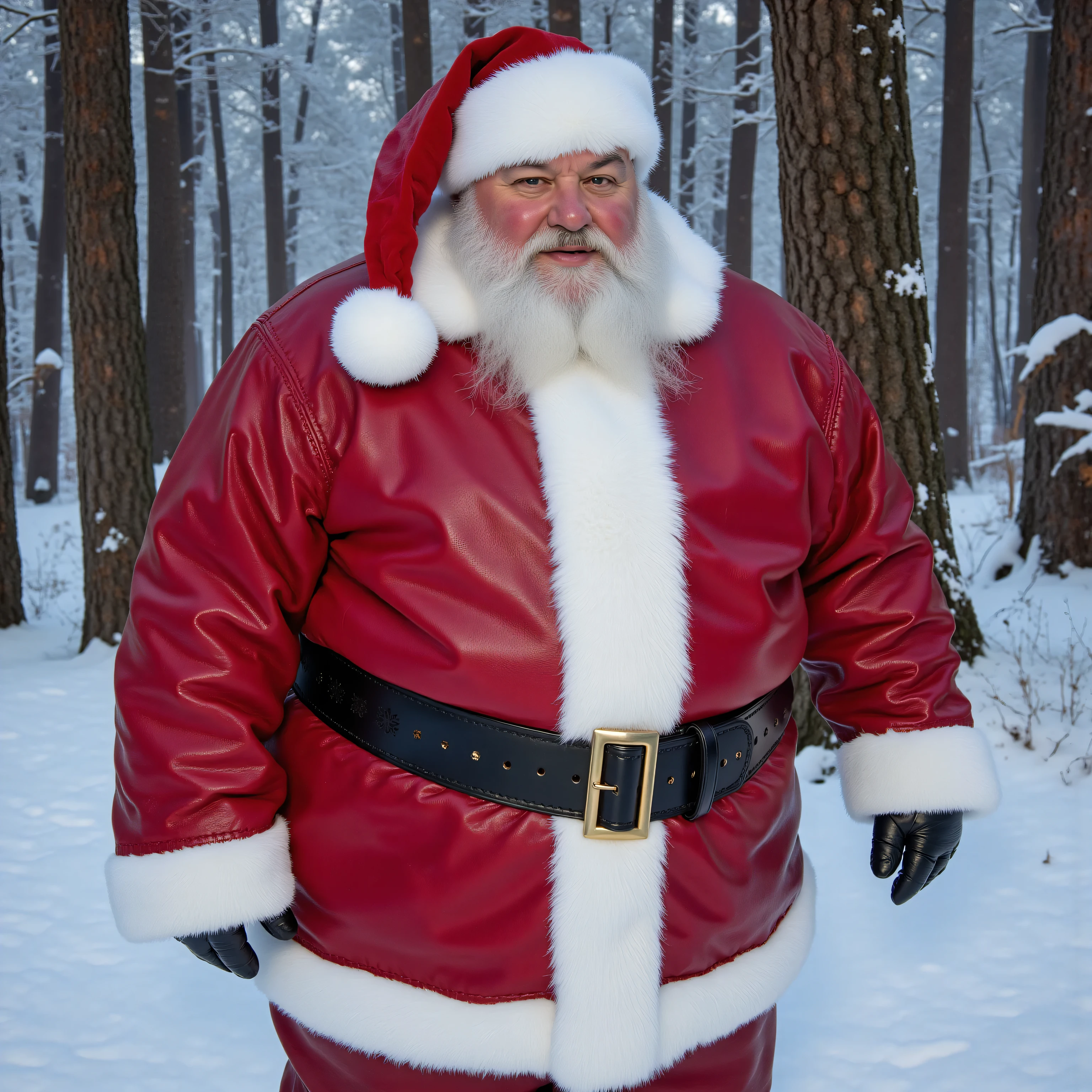 ,a 600 pound full-figured body male 79 years old, elderly, gray hair, santa claus, wearing bredwhtredcheckercrjkt a red leather jacket that has worn white trim, wearing red leather pants with worn white trim, wearing a thick heavy black wide scbelt2025 with snowflakes etched into the leather, standing next to a snowy forest, the forest's trees glow with eerie energy of the holiday season