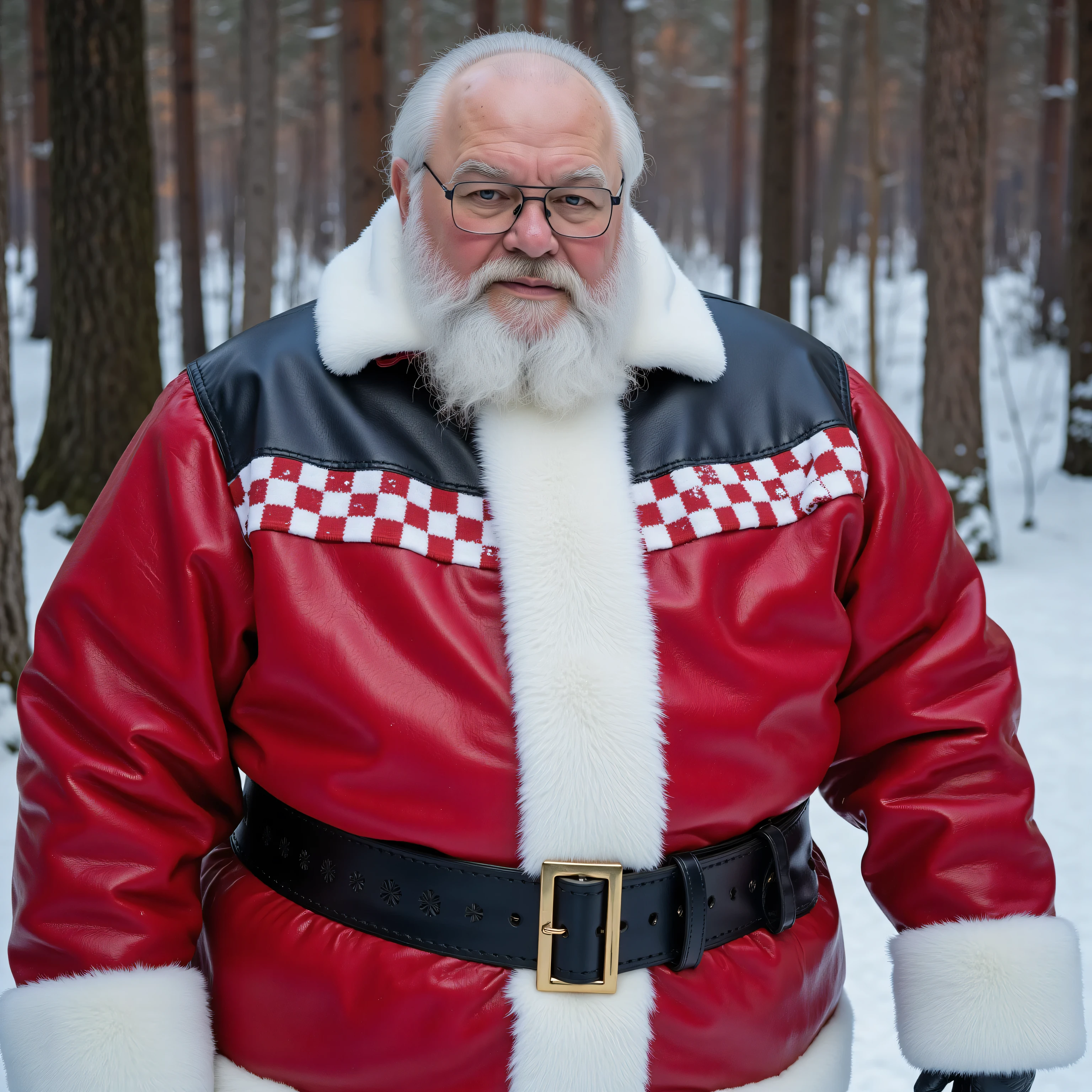 ,a 600 pound full-figured body male 79 years old, elderly, gray hair, santa claus, wearing bredwhtredcheckercrjkt a red leather jacket that has worn white trim, wearing red leather pants with worn white trim, wearing a thick heavy black wide scbelt2025 with snowflakes etched into the leather, standing next to a snowy forest, the forest's trees glow with eerie energy of the holiday season