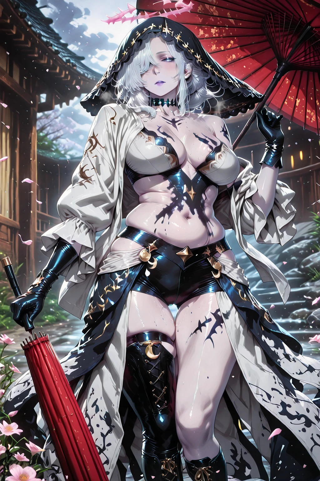 Yorha A2 (long hair very big ????), she is in a battle with katanas, They are dressed very ????, she has big ????, They have torn clothes, hairy ??????