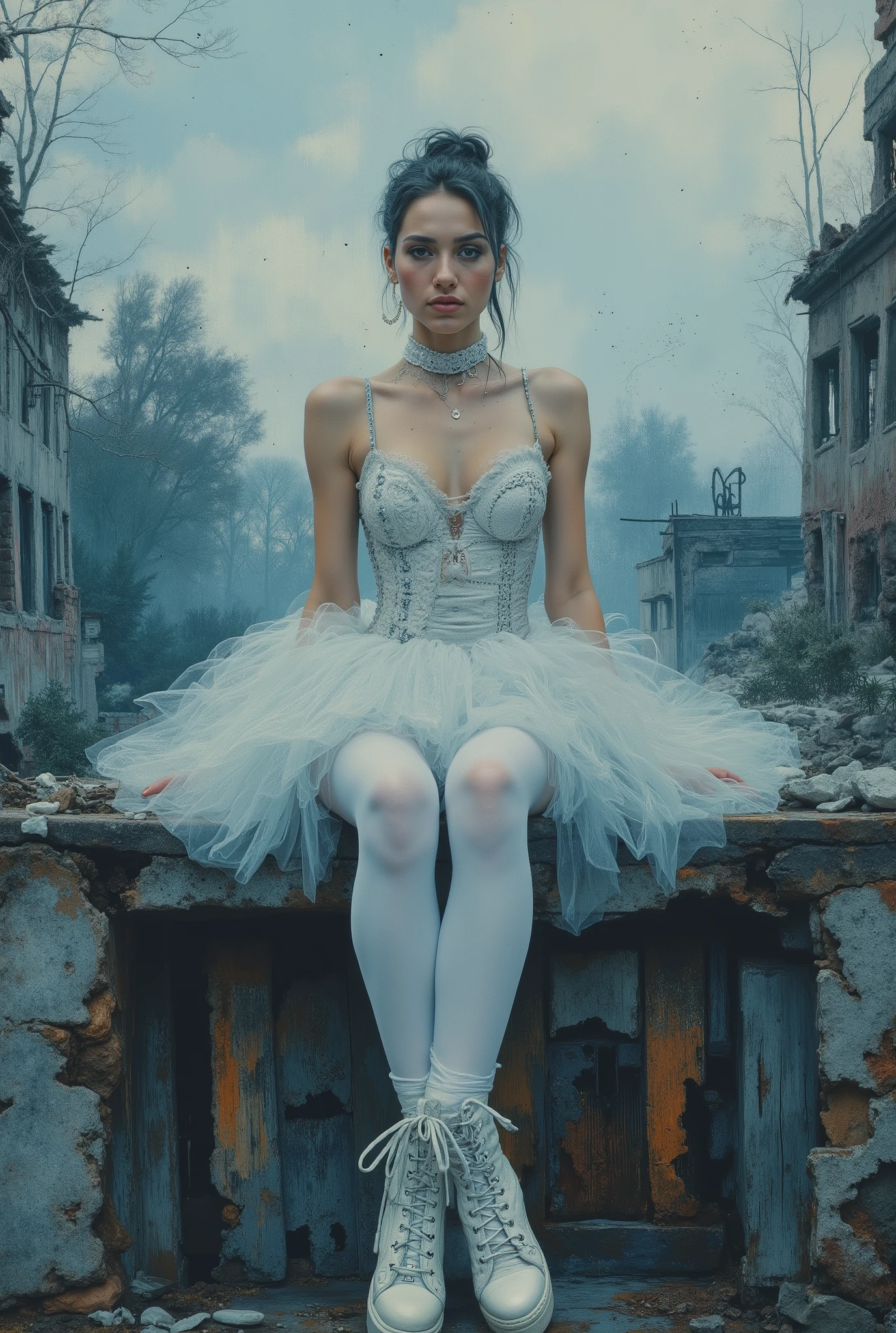 oil painting,The end of World. The digital illustration shows a beautyfull woman. She's wearing a white tutu white pantyhose and white platform boots. She sits on dastroyed building with legs down. She has evening makeup and a hairstyle. It is wide angle shot from top. The background is a mix of abstract and urban elements, with a cool color palette dominated by shades of blue and gray. The overall style of the game is very detailed and dynamic, with an emphasis on strong and confident character behavior. Surreal digital graphics.