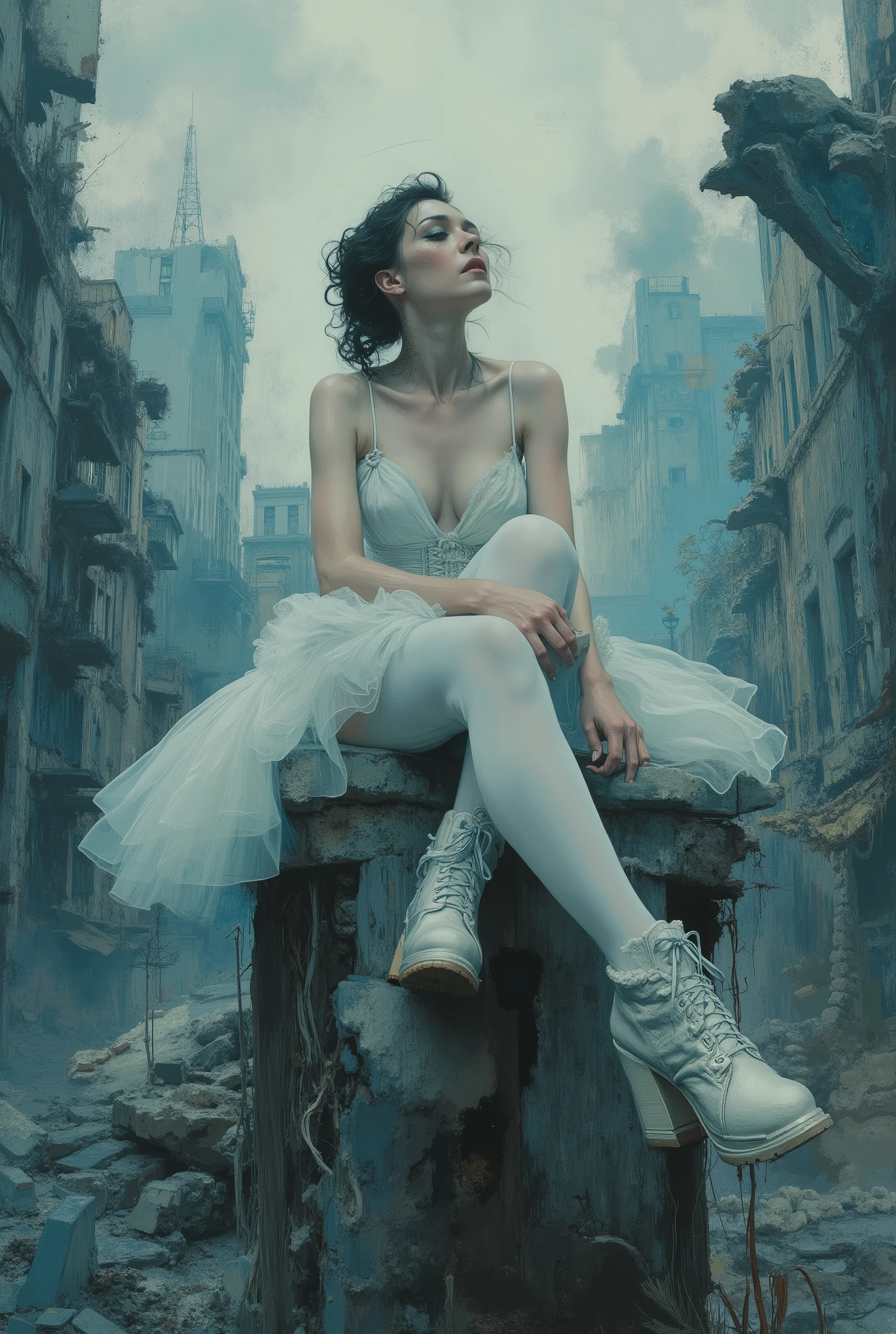 oil painting,The end of World. The digital illustration shows a beautyfull woman. She's wearing a white tutu white pantyhose and white platform boots. She sits on dastroyed building with legs down. She has evening makeup and a hairstyle. It is wide angle shot from top. The background is a mix of abstract and urban elements, with a cool color palette dominated by shades of blue and gray. The overall style of the game is very detailed and dynamic, with an emphasis on strong and confident character behavior. Surreal digital graphics.