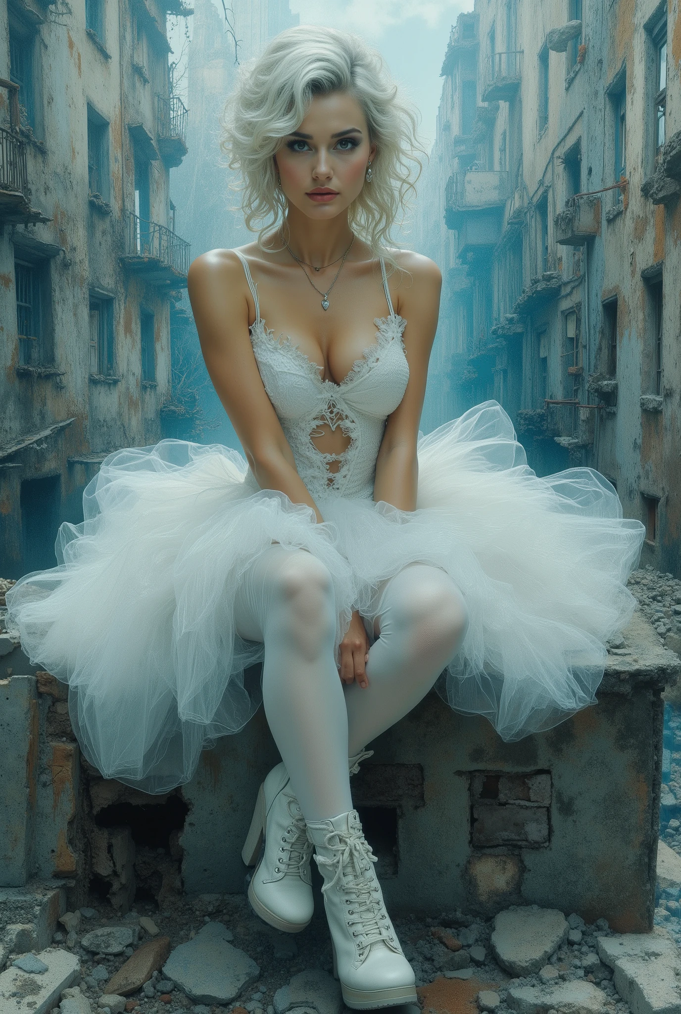 oil painting,The end of World. The digital illustration shows a beautyfull woman. She's wearing a white tutu white pantyhose and white platform boots. She sits on dastroyed building with legs down. She has evening makeup and a hairstyle. It is wide angle shot from top. The background is a mix of abstract and urban elements, with a cool color palette dominated by shades of blue and gray. The overall style of the game is very detailed and dynamic, with an emphasis on strong and confident character behavior. Surreal digital graphics.