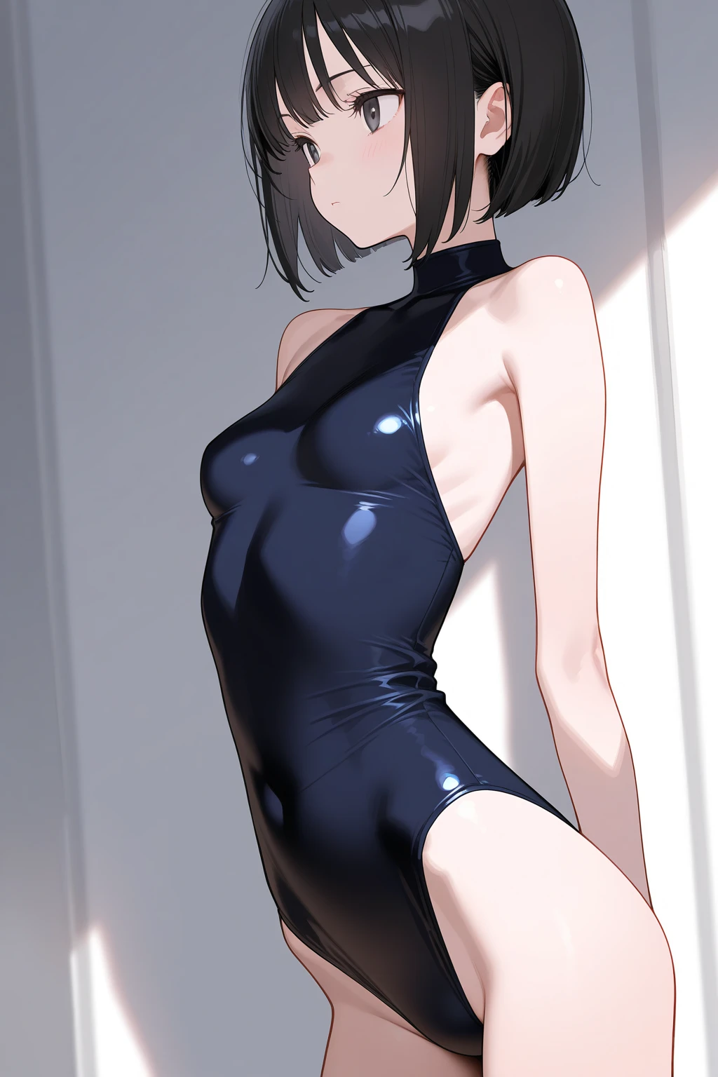 boyish,Very short hair,Black Hair,Large Breasts,Black leotard,High Leg,blush,Serious face,blue eyes,front leg pose,Tight fit,clearly,Striped pattern,forest,Place hands on hips
