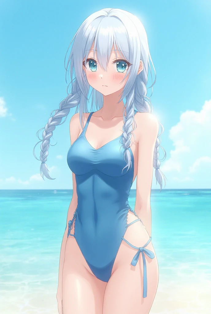 Beautiful, Masterpiece, Best Quality, Hiqcgbody, Anime, 1girl, Medium, ??????, ((White Swimsuit)), Portrait Shots, View Viewer, Partially Submerged,Southern,Beachfront, ((Silver Hair)),(Cat Ears),Ponytail,Wet Skin, Intricate Details,>,((Covered)