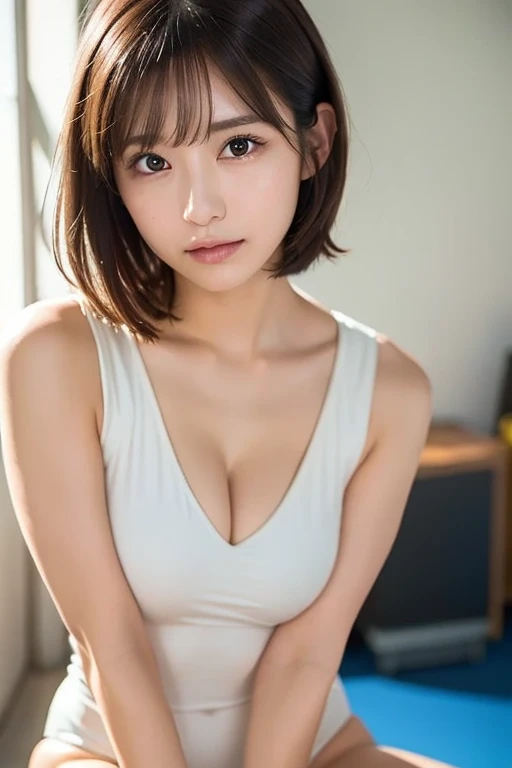 (16k, RAW photo, best quality, masterpiece:1.2), (realistic, photo-realistic:1.4), (extremely detailed 8k wallpaper), 20yo girl, korean model, slender face, detailed face, perfect female body, toned, medium short hair, messy hair, Blunt Bangs, light brown hair, Camisole, goddess-like happiness,