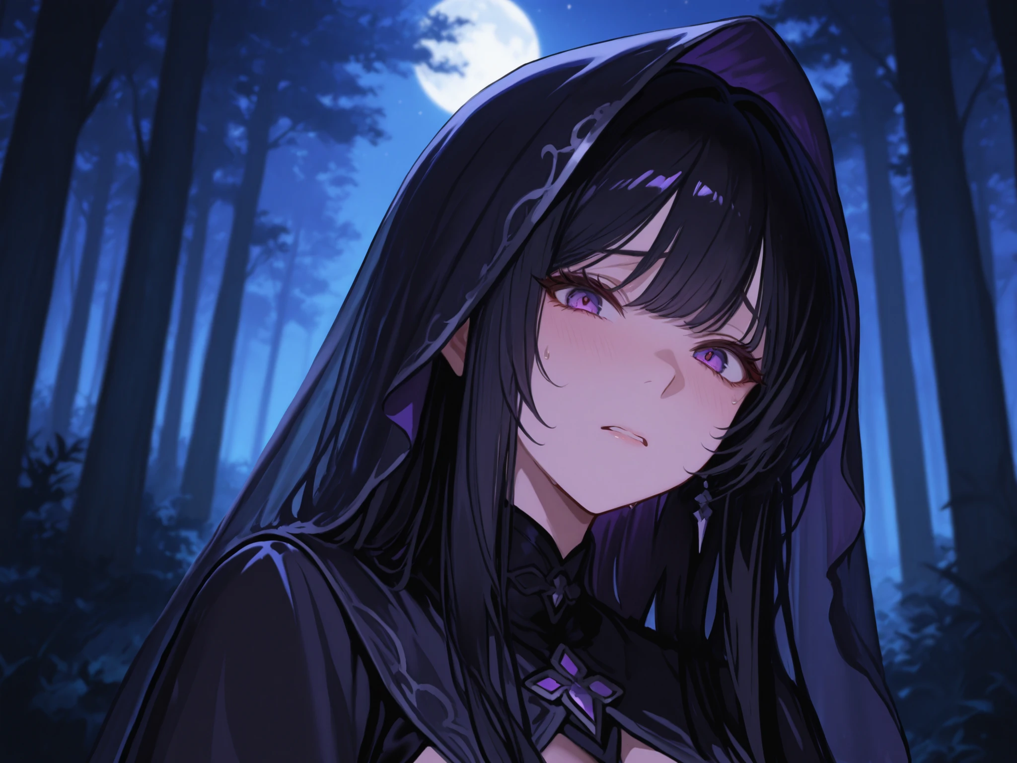 A black-haired woman with long hair, wearing an atmospheric veil around a forest at night, purple eyes, made a worried look.