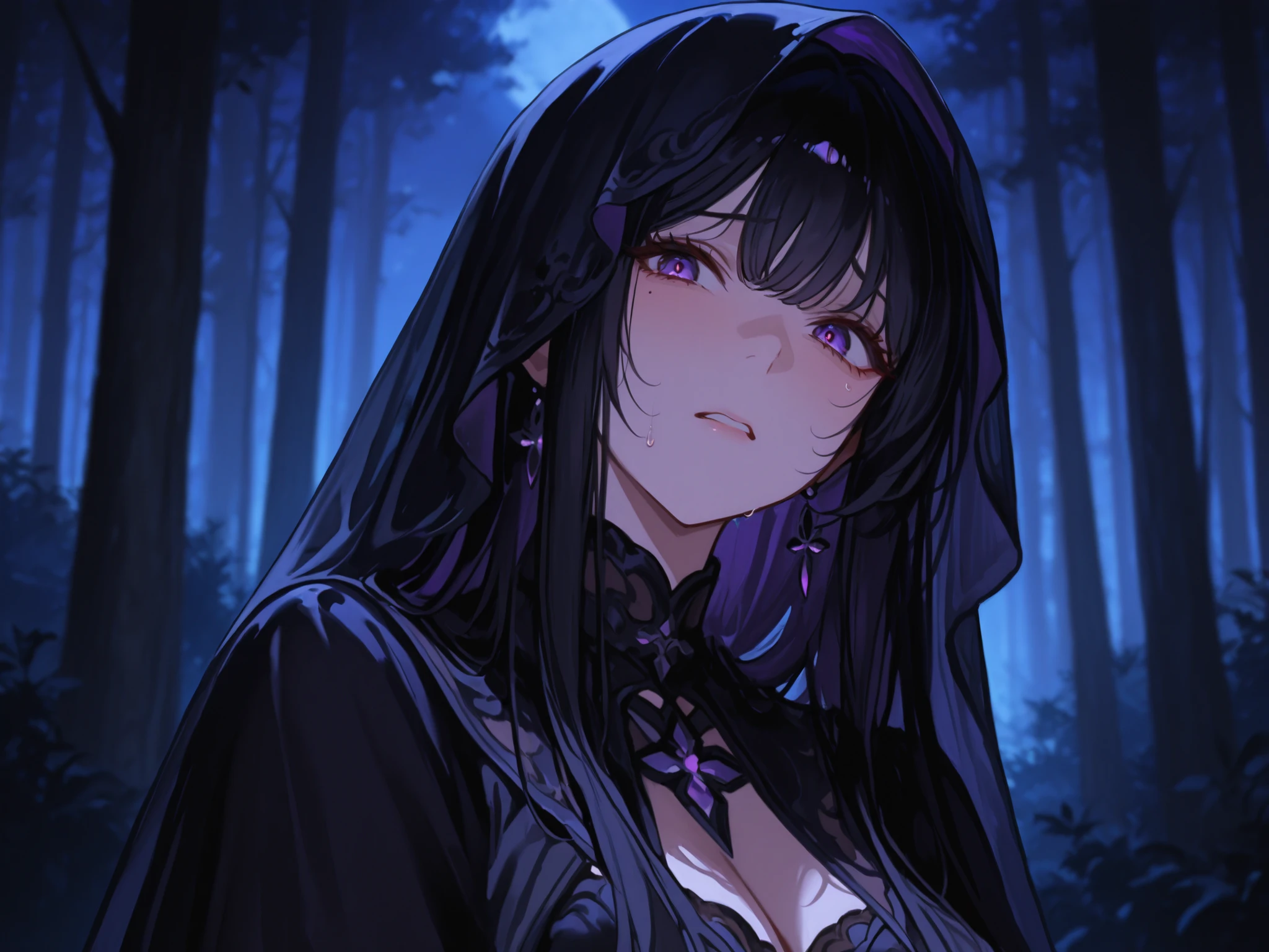 A black-haired woman with long hair, wearing an atmospheric veil around a forest at night, purple eyes, made a worried look.