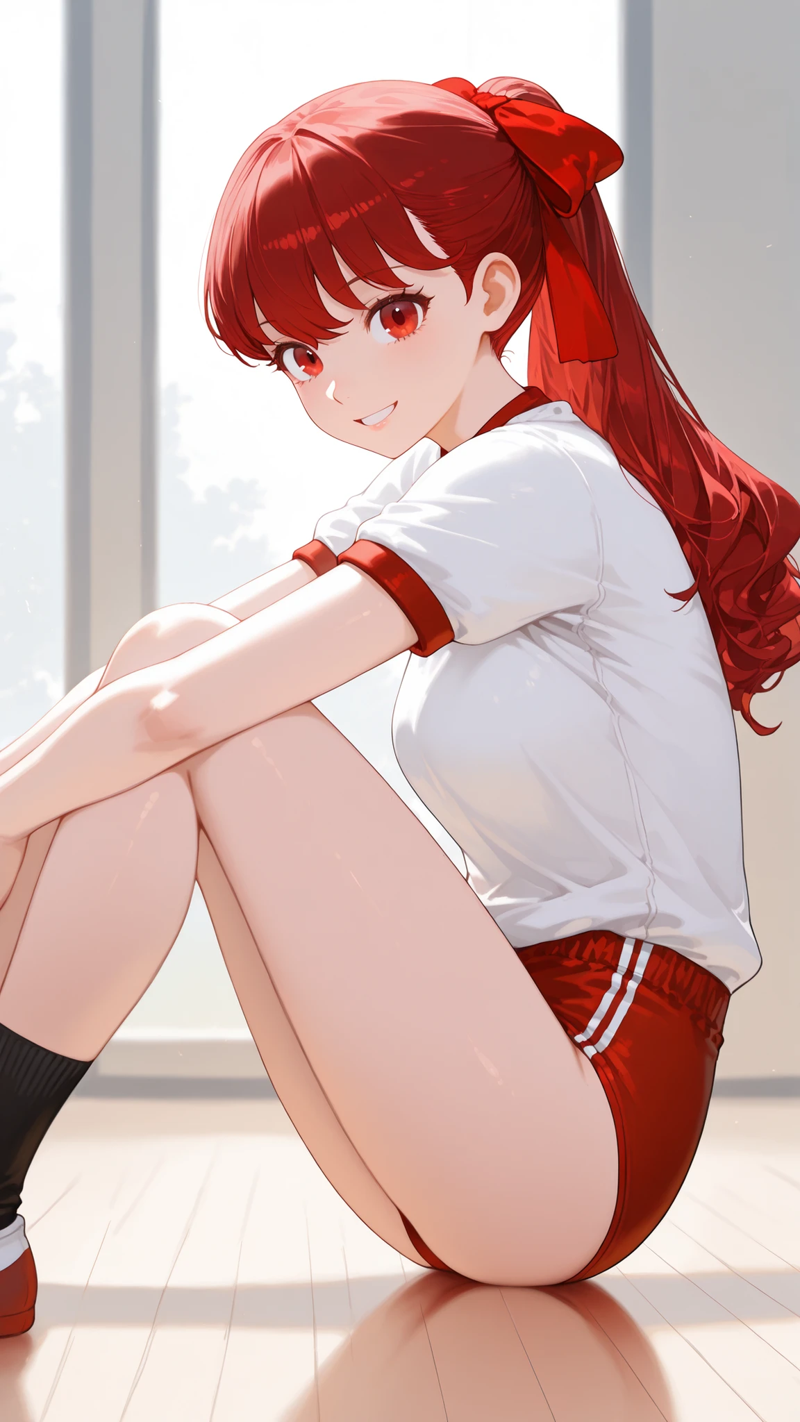 1 girl,Kasumi Yoshizawa,(((from side:1.5))),catch light:1.5,soft iris grow:1.3,narrowed eyes:1,black middle socks,masterpiece,full shot of,long shot with low top of head,beautiful red gradation eyes,Seen diagonally from the front,Soft Colors,((happy smile:1.4)),((perfect red buruma:1.4)),smooth texture from outside Europe:1.3,(),photorealistic:1.4,throw,(C cup), red eyes,Bang,赤い髪, Middle Ponytail,short hair,(red hair bow :1.7),(red and white short sleeve gym clothes:1.3),(black middle socks),gym,((hands on down:1.4)),bends elbows,knees up:1.3,soft:1.3,top quality, excellent quality, Uneven legs:1.4, very high resolution, waist,Newest, slender:1.7,sticky small hip:1.2,((thin thighs:1.6)),((((low contrast:1.5))),low contrast:1.2,volume lighting:1.6,