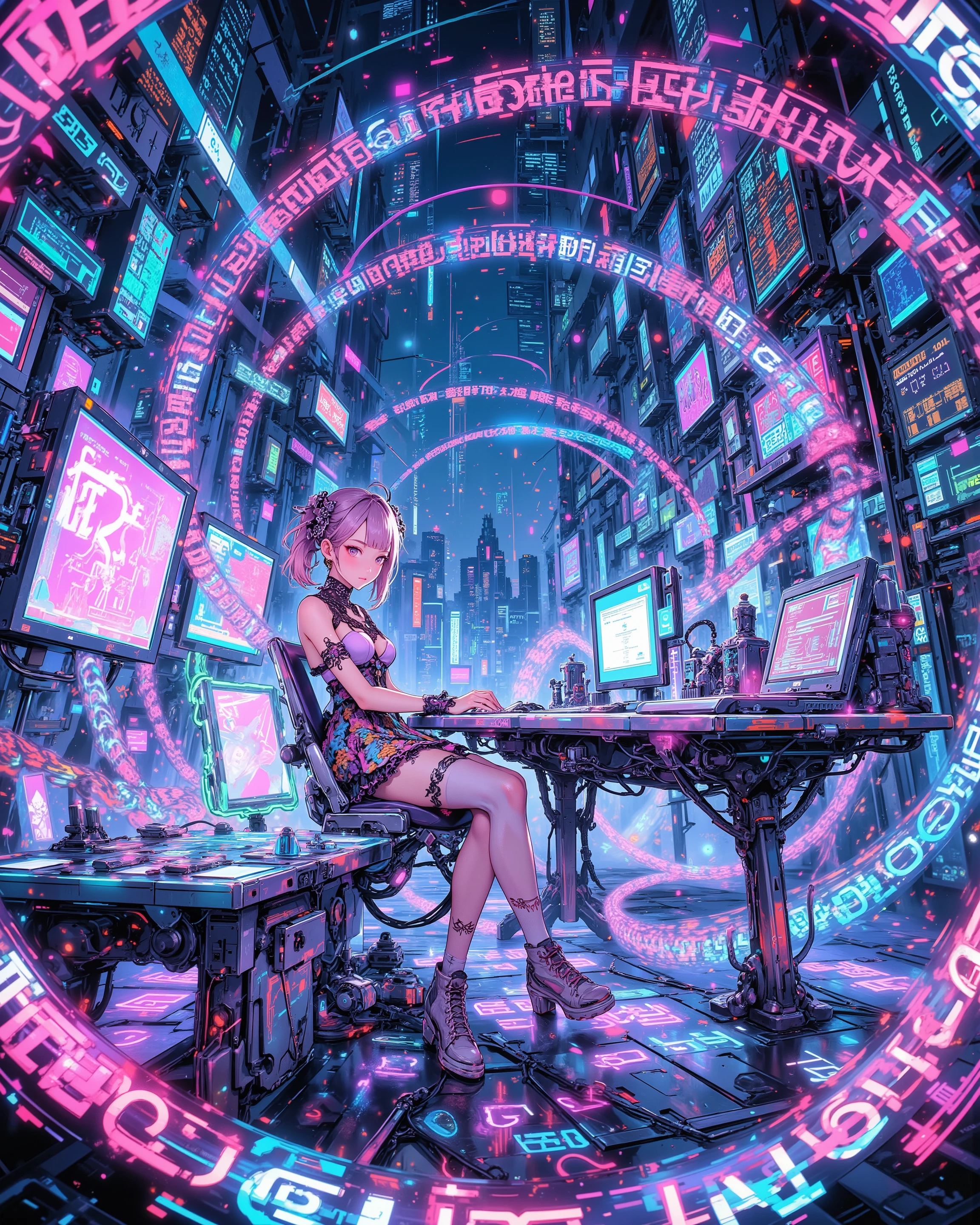 Astonishing net chat in a surreal cyberspace: a wide-angle long shot with Fibonacci spiral composition guiding the eye from a neon-lit city skyline through torrents of holographic letters and glowing text streams that dance and cascade across the scene. At the spiral’s focal point, a cyberpunk hacker in a Harajuku kawaii gothic lolita outfit sits in a transparent chair at a multi-console workstation, slender fingers typing across sleek laptops and mechanical keyboards. Each screen radiates pastel-neon code, real-time network schematics, and shimmering holographic text particles swirling in rhythmic motion. Her pastel-dyed hair is adorned with colorful bows, heart-shaped hairpins, and candy charms. She wears a lace-trimmed pastel-and-black corset embroidered with subtle circuit motifs, a layered ruffled skirt with neon ribbon accents, thigh-high stockings with kawaii lace patterns, platform boots, and a delicate pastel lace choker. Surround her with glowing grid floors, towering neon data spires, transparent holographic displays decorated with kawaii icons, and vast streams of luminous letters flowing like digital waterfalls. Emphasize crisp cel-shaded colors, sharp linework, dynamic rim lighting highlighting her silhouette and hardware details, and deep depth of field. Render as ultra-detailed anime-style studio-quality character–environment concept art, high resolution.