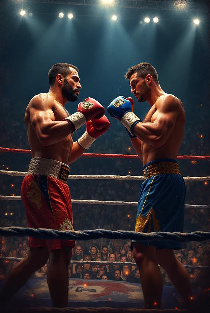 In the boxing ring you can see an Iranian boxer against a Russian, The latter being the challenger since the Iranian is the owner of the belt, and the Russian commentators all excited to see the K.O. Of the Russian over the Iranian in the background you can see the display 2 minutes 37 seconds of round 12 the fight ends and the crowd in the stands and all their Russian compatriots celebrate raising their hands and shouting with joy and emotion glasses flying with beer raining down everywhere, politicians and members of the militia s