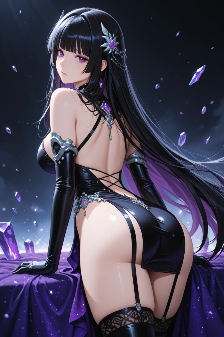 1girl, dress, long_hair, solo, high_heels, purple_hair, breasts, _boobes, purple_eyes, looking_at_viewer, raiden_shogun, black_dress, jewelry, holding, hair_ornament, earrings, black_footwear, sparkle, bangs, very_long_hair, smile, hand_on_own_face, glint, _shoulders, halterneck, halter_dress, full_body, star_(symbol), hand_on_own_cheek, large_breasts, _arms, closed_mouth, artist_name, blush, sleeveless