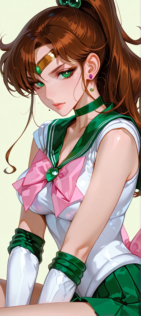 Highest quality, High resolution, 1990s \(style\), retro artstyle, 1990s anime cels style, Sailor Jupiter, Fighting, Sailor Warrior Uniform, Green sailor collar, White gloves, Green pleated skirt, Pink ribbon, ponytail, jewelry, Earrings、(Torn clothes、tits)、Dynamic、廃墟でFighting、 scene、 chamber、Tortured Woman、tears、blush、sad