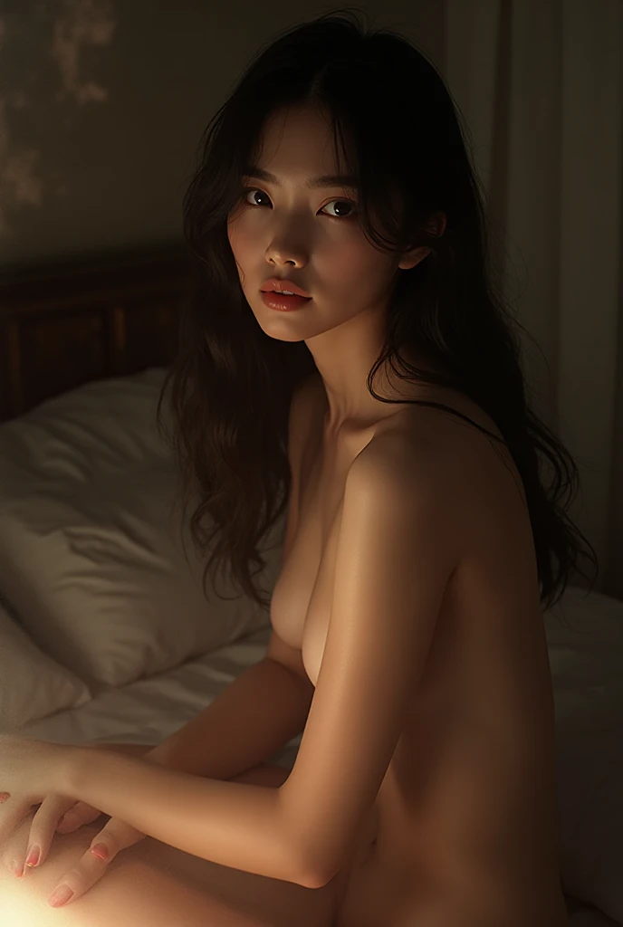 Top quality photo of sexy beautiful woman in front of wall covered with flowers:1.2),（Luis Royo, fantasy and , :1.2),beautiful and stylish woman, Surreal portrait of a beautiful girl, Glowing, natural skin texture,(Particles of light are floating ), (complete :1.2),(perfect female body:1.3),close-up photo, Glowing, natural skin texture, fantasy art, soft front lighting, beautiful expression, Cute face,(overly detailed face, looking at viewer), detailed eyes, black eye, shiny lips ,beautiful breasts, big bust: 1.2, good eyes, clear and eye-catching, beautiful and fascinating, beautiful eyes, thin waist, physically thin, Beautiful appearance, red lips, ((black hair, long hair)) , 1 screen view, (sexy posture),((((all  ,lots of pubic hair)))),(smile),(best quality, bed highly detailed, Ultra A high resolution, realistic, RAW photos, absurd, absolute resolution:1.4),(((spread your  open:1.5))),((With both arms and head