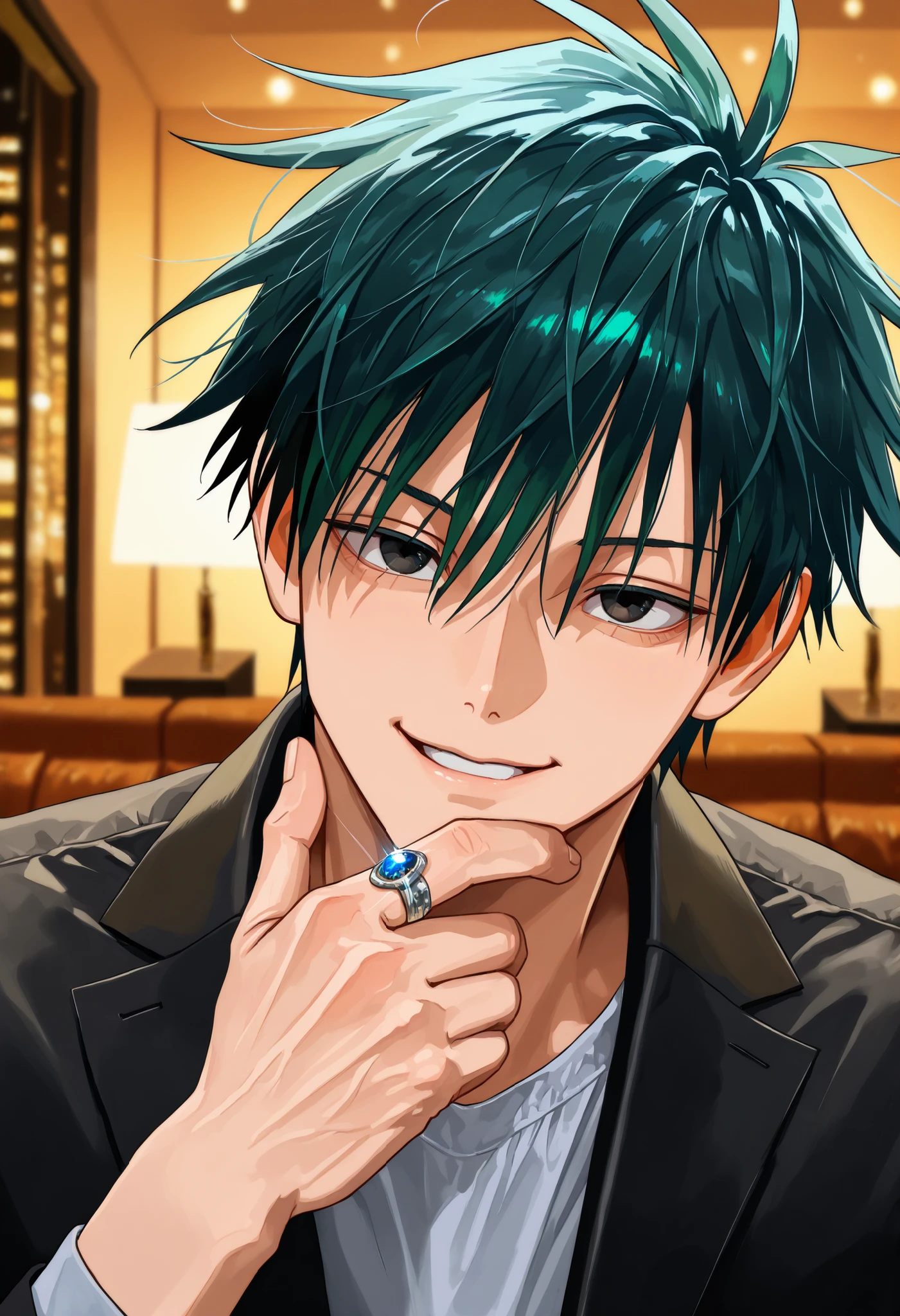 (Masterpiece) (high quality) (SFW) (perfect eyes) 1man, 40-years-old, young adult, perfect face, perfect eyes, black eyes, perfect eyes, luxurious shirt, luxurious black jacket, millionaire, golden details, ring, Toji Fushiguro appearance, half-body photograph, solo, green hair with black streaks, short hair, male face, male body, mature, adult male, male neck, his hand on his chin, a mocking smile, proud, Professional photography, portrait, blurred background, looking at the viewer. New York City, Night, Luxurious apartment, New York City view, luxurious decor, hotel room. {{8k quality}}