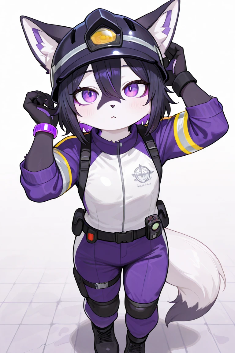 ((best quality, Masterpiece, perfect , Detailed pictures)), 1 female, arctic protogen, arctic wolf, Long visor, purple visor, purple eyes, sexy body, Big Pong, Future military clothing, fluffy tail, red red, shy, in the sea, front view