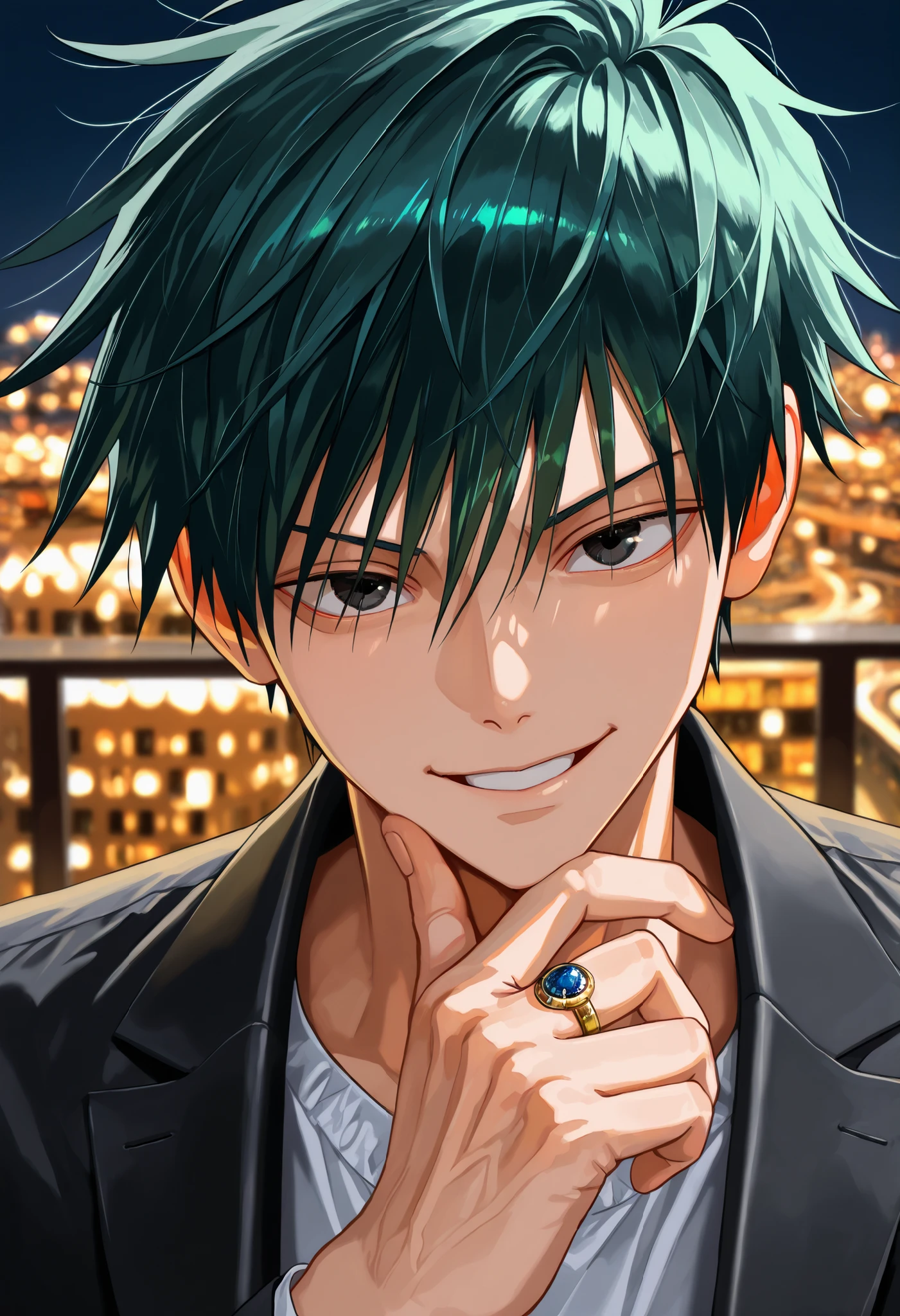 (Masterpiece) (high quality) (SFW) (perfect eyes) 1man, 40-years-old, young adult, perfect face, perfect eyes, black eyes, perfect eyes, luxurious shirt, luxurious black jacket, millionaire, golden details, ring, Toji Fushiguro appearance, half-body photograph, solo, green hair with black streaks, short hair, male face, male body, mature, adult male, male neck, his hand on his chin, a mocking smile, proud, Professional photography, portrait, blurred background, looking at the viewer. New York City, Night, Luxurious apartment, New York City view, luxurious decor, hotel room. {{8k quality}}
