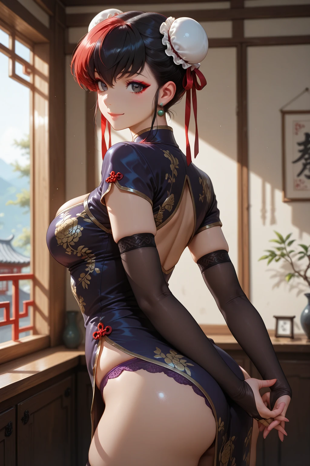 (1 woman:1.5,solo:1.5),
30 years old,
(very young woman:1.2),
(fit body:1.3),
(slender waist),
(slender leg),
perfect fingers,
nice hands,
perfect hands,
femenine hands,
good hands,
blurry background,
depth of field,
beautifully shaped nose,

break,
(shoot from front:1.35),

break,
(blue theme:1.4),

break,
(choker)
,

break,
qipao,
deep slit,
dragon embroidery,
sleeveless,

break,
standing,
(arms behind back:1.3),
head tilt,
(side bent:1.5),
(upperbody:1.1),

break,
(beautiful detail eyes:1.4),
(ivory blue eyes:1.4),
model,

break,
extremely detailed hair,
(short hair:1.3),
(straight hair:1.3),
shiny hair,
(pixie cut),
(crimson hair with light red tips hair:1.4),
(blunt bangs),

break,
(MEDIUM HUGE BREAST:1.1),
(GIGANTIC HUGE HIP:0.6),
saggy breasts:1.2,
pendulous breasts,
realistic breast physics,
(hanging breasts),

break,
(pale skin:1.1),
(gleaming skin:1.3),
(sweat:1.1),
weat:1.3,
oily skin,
shamefull,
(blush,smile:0.8),

break,
(masterpiece),
(best quality),
(very high resolution),
(professional anime),
beautiful lighting,
super fine illustration,
insanely detailed,
beautiful detailed,
beautiful detailed face & eyes,
beautiful detailed body,
beautiful detailed skin,
8K,
beautiful girl,
pretty girl,
(depth of field:1.3),

break,
China,
Beijing,
Restaurant Li Qun Roast Duck,