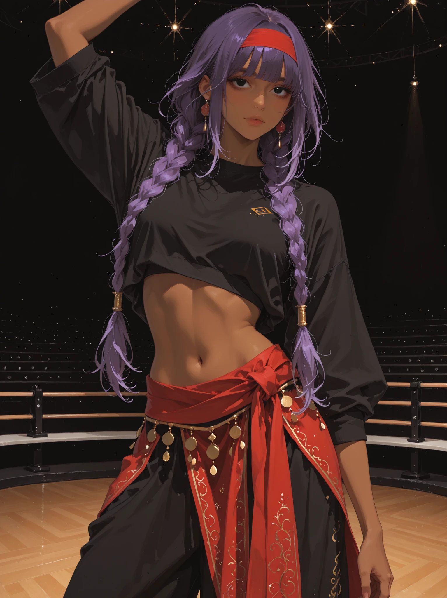 anime style, anime coloring, 8k, HDR, extremely detailed face and eyes, beautiful face and eyes, solo, beautiful, cool, masterpiece, top quality, great quality, pose, background, highres, matte colouring, flat colouring, matte skin, 1girl, young woman, brown skin, brown skin, purple hair, black eyes, 2braids, long braids, bangs, loose t-shirt, black t-shirt, black sweatpants, simple sweatpants, red sash around hips, wide sash around hips, red sash so wide it looks like skirt, thick red sash, sach low on thighs, bellydancer sash, intricate patterns on sach, bellydancer in training, dance studio background, elegant, red headband, dancing, dynamic, elegant, modest