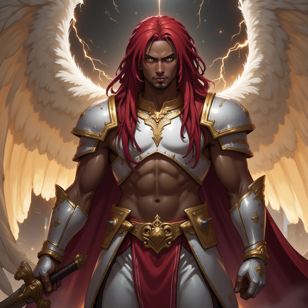 He is an Archangel. He has very long auburn hair that reaches the middle of his back, adorned with a few braids and decorated with feathers. He is extremely tall with a beard and dark brown eyes. He is known as a gentle giant. He is wearing women's .