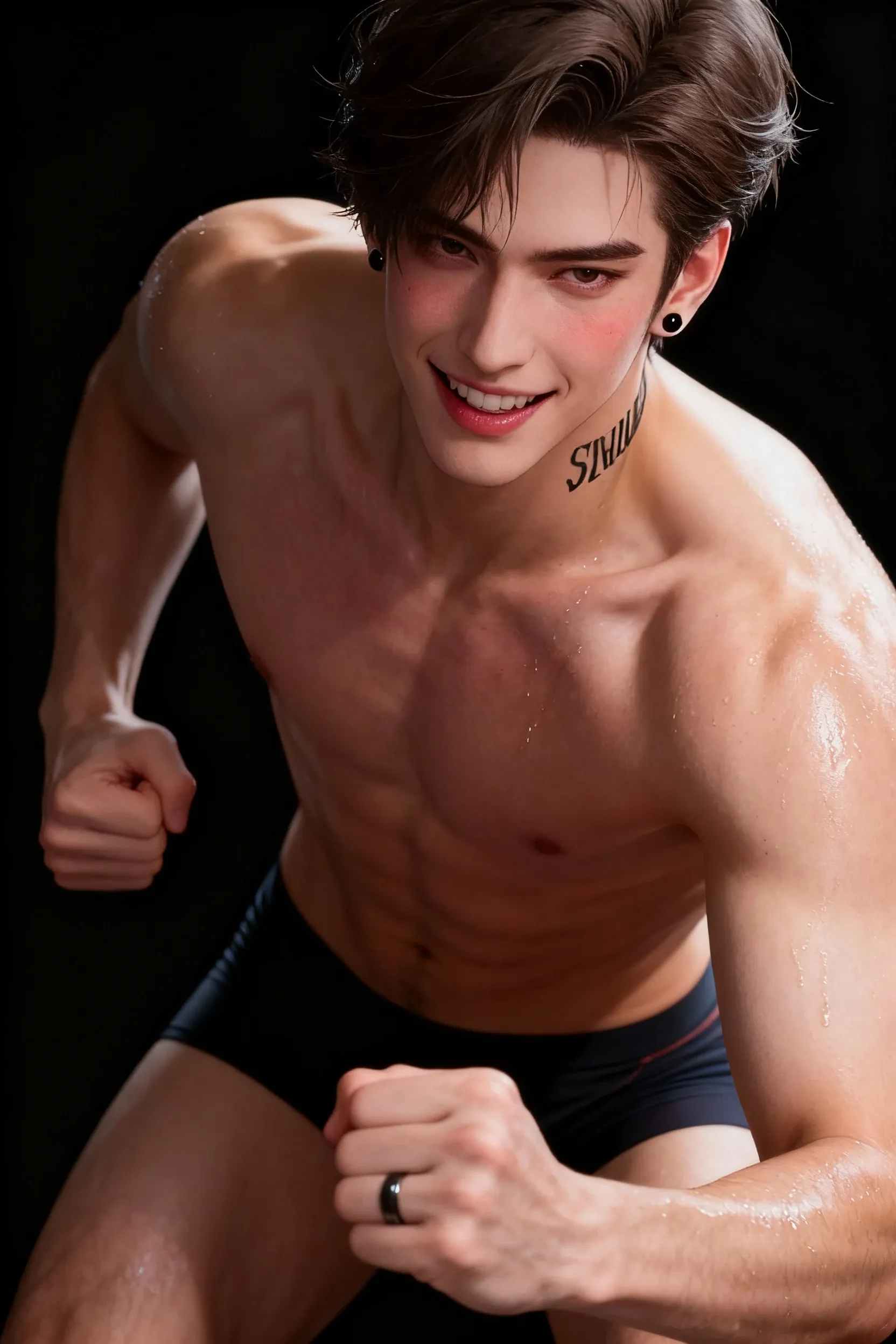 Best Quality, Ultra High Resolution, (Realistic:1.4), Masterpiece, Blurred Background ,Muscle, Solo, 1 Boy, Young Man , Standing, White Skinned Without Top, Posing, Facial Focus, Smile, Shut Up,