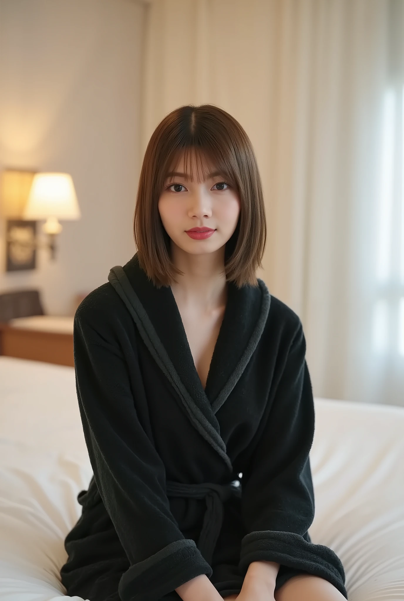 Luxury Hotel Room,Wear a black bathrobe,short bob hair、medium chest,Beautiful Lips,charming eyes,sit in bed,4K,8K,High Quality,High Resolution,Realistic,Photorealistic,HDR,UHD,studio lighting,extreme details,professional,Vivid Colors,bokeh background