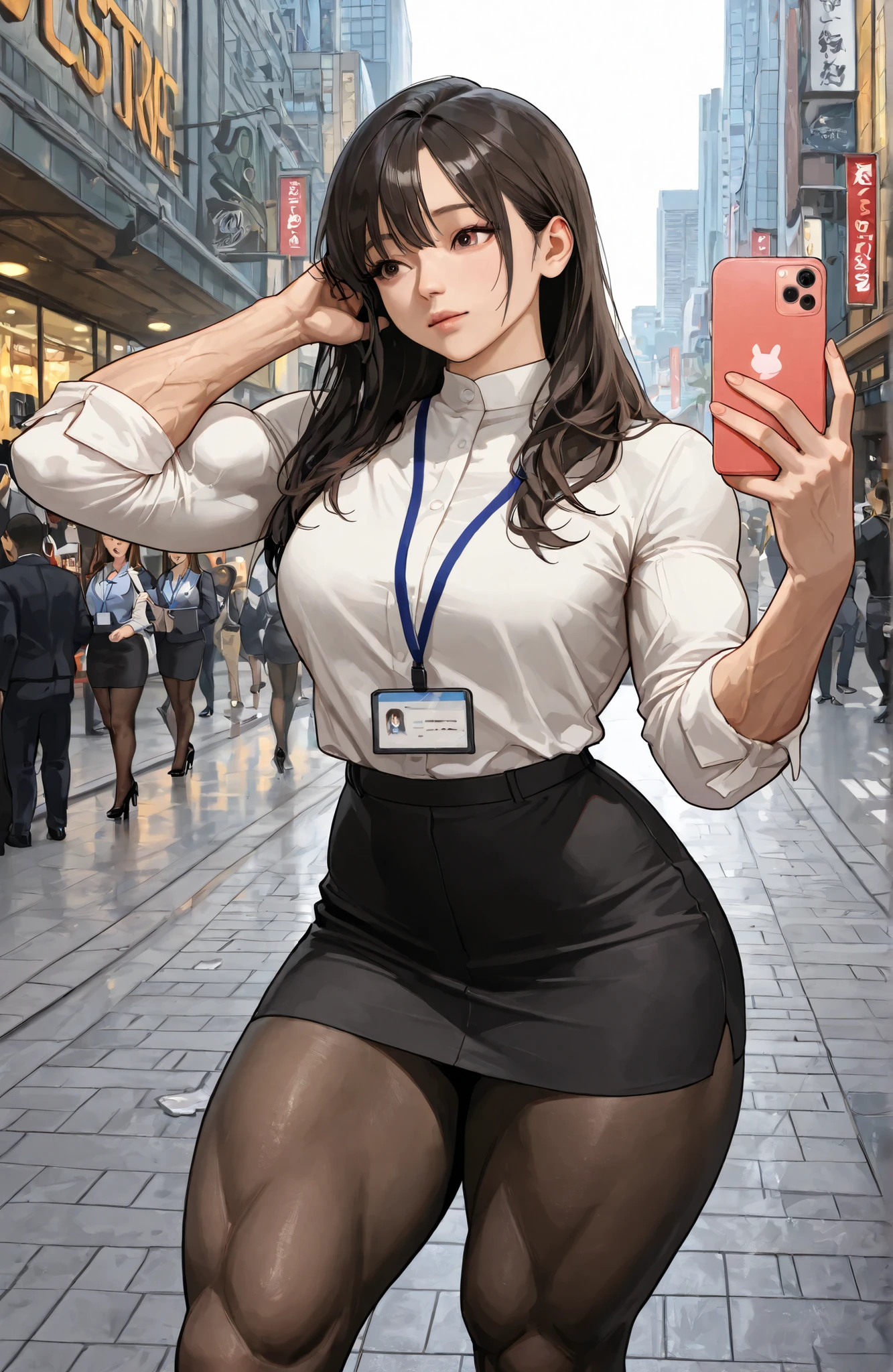 best quality, masterpiece after sex, super detailed,  8K resolution on the front, tall young woman accidentally bumped into  ,  and apologize, wearing casual modern clothes,pantyhose, , Selfie,hapiness, city street background,there are pedestrians and buildings, white background, Realistic Lighting, detailed skin texture, Dynamic interaction,  movie composition , sharp focus, No blur, Soft Shadows,,(Muscular Development,Muscular Development的 female,Muscular Development的,thick thighs, solo)，office lady，high heel，black pantyhose