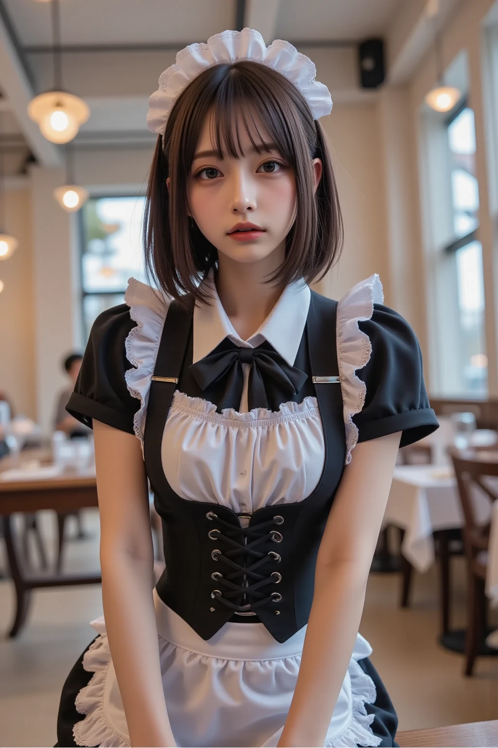 masterpiece, Highest quality, High resolution,  , Sensual, Intimate, Emotional, Passionate, romantic, sweet, Adorable, Innocent, Pure, Fascinating, Fascinating, attractive, Mysterious, Fascinating, Fascinating, Immersive, Fascinating, dream-like, Surreal, Imaginative, Whimsical, artistic, Avant-garde, timeless, elegant, Sophisticated, chic, Sophisticated, Individuality, original, Fascinating,((Maid clothes:1.3))、Raise your arms to show your sides