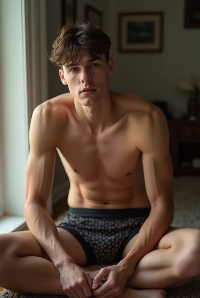 muscular young teenager,detailed abs,detailed arms,detailed legs,detailed obliques,posing in front of mirror,boxer shorts,realistic,photorealistic,photo-realistic:1.37,best quality,4k,8k,highres,masterpiece:1.2,ultra-detailed,studio lighting,extreme detail description,professional,vivid colors,physically-based rendering