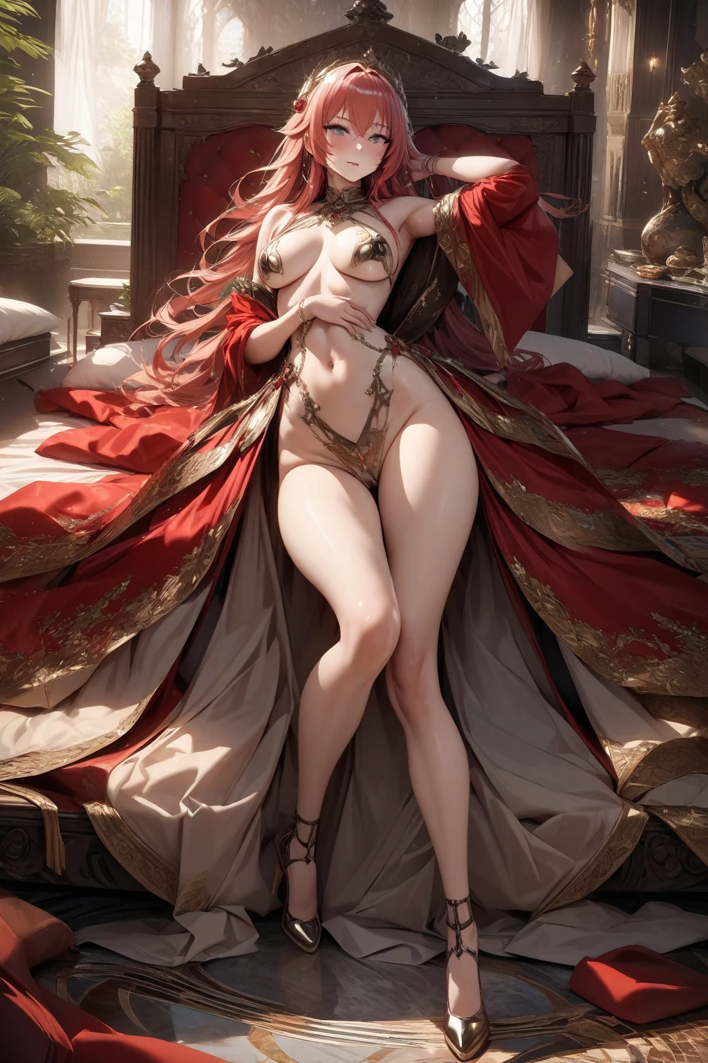masterpiece, best quality, ultra-detailed, 1girl, solo, looking at viewer, (curvy:1.1), large breasts, pink hair, long hair, bangs, twin bun bun hair with braids, pink eyes, , (breasts apart:1.3), groin, (pasties:1.3), neck ring, armlet, bracelet, (thighlet:1.2), (transparent white cape golden fur line:1.2), (crown hair ornament:1.1), navel piercing, (chain:1.1), (gold:1.3), (gold trim:1.2), standing, arm up, full body, anklet, on bed, red outfit, red bra, red transparent break long skirt, net stockings, full body, heels, goddes dress, aphrodite, all in red outfits, stand up, fur, golden fur, circle round braided hair, nordic ahoes