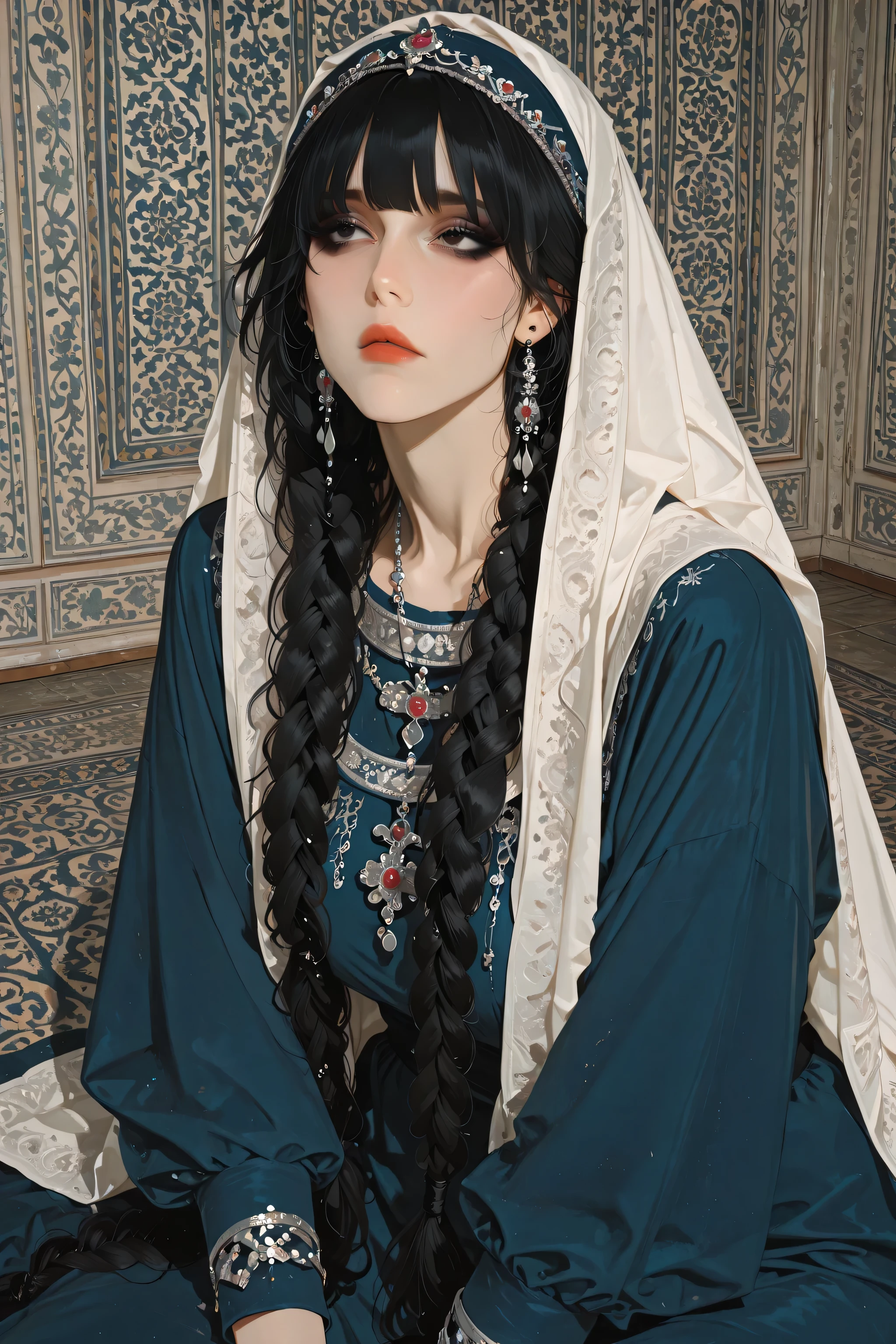 anime style, anime coloring, 8k, HDR, extremely detailed face and eyes, beautiful face and eyes, solo, beautiful, cool, masterpiece, top quality, great
quality, pose,
background, highres, matte colouring, flat colouring, matte skin, 1girl, black eyes, round face, oval face, black hair, wavy hair, extremely long hair, 2braids, loose braids, front bangs, silver jewellery, layered jewellery, centralasia, jewelry, long sleeves, dress, rings, earrings, necklace, braid, makeup, intricate patterns, navy dress, hair silver jewellery, silver, half-lying on the floor, defiant face expression, fed-up expression, expression of disgust, white veil over the head, commanding presence