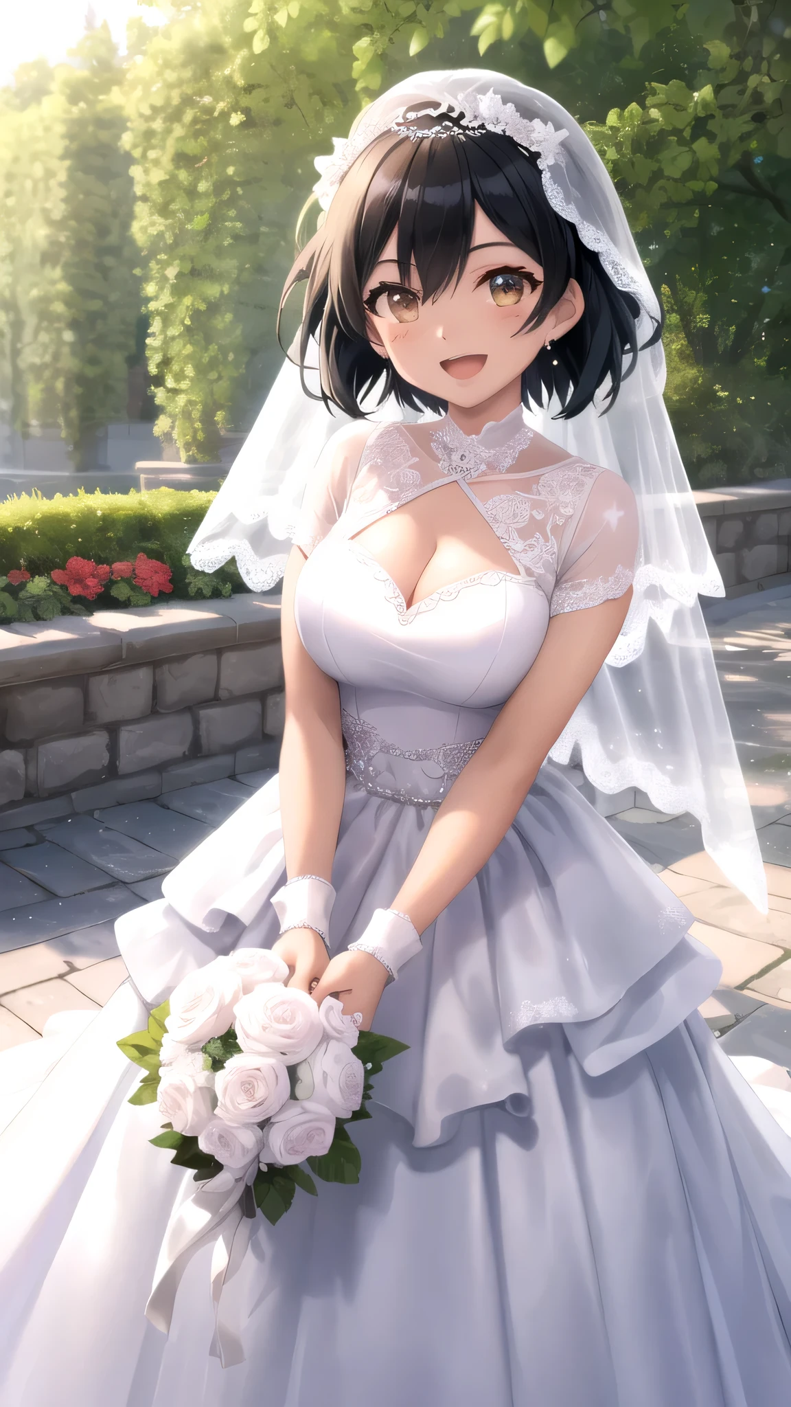 masterpiece, best quality, high quality, girl, solo, looking at viewer, Ash Ketchum, Black hair, Brown eyes, large breasts, wedding Dress, standing, smile, open mouth, outdoors 