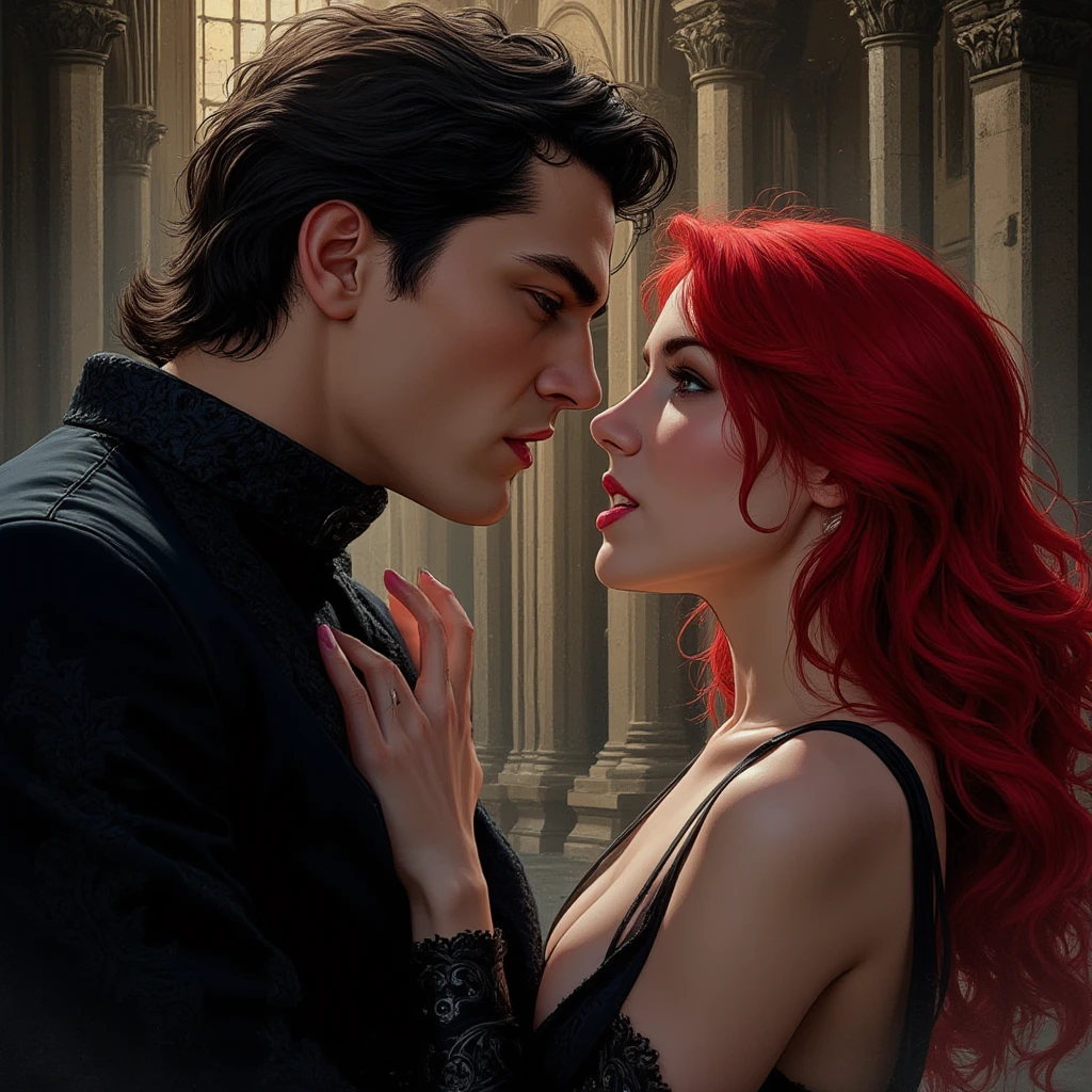 A digital realistic fanart illustration shoot from a portrait camera angle featuring a man and a woman with long, wavy, dark blood red hair and light purple eyes, both dressed in dark clothing. the man, on the left, positioned in the middle of the image, with a serious expression on his face (please please please DONT MAKE HIM LOOK OLD). He has light brown hair, parted in the middle and slight strands fall on his face and emerald green eyes and is wearing a black shirt. on the right, the woman, who appears to be in her mid-twenties, has long, blood red hair and purple eyes, wearing a black dress with a deep v cut neckline. she is positioned behind the man in the upper body, a dagger in her hand and it's placed on the man's throat, with her upper body facing the viewer. the background is a dimly lit room with candles, creating a romantic and dark atmosphere. giving enemies energy 


