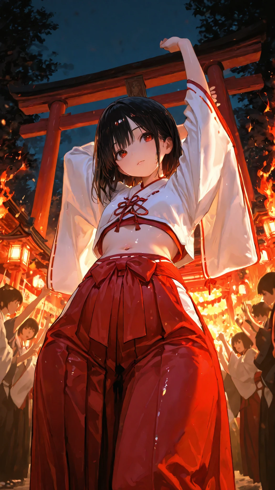 top quality, Picture, in fine detail, young shrine maiden, Authentic shrine maiden costume, ミニHakamaをはいている、long black hair, traditional white and red costume, stretching her arms towards the camera, making direct eye contact, Night Fire Festival, Dance of Fire Illuminated from Below, The sacred torii gate is visible, soft focus festival crowd with direct eye contact, lantern in the other hand, Immersive First-Person Perspective, Japanese cultural celebration,wide hips,Hakama, Face focus, tilt your neck, glossy skin, belly button