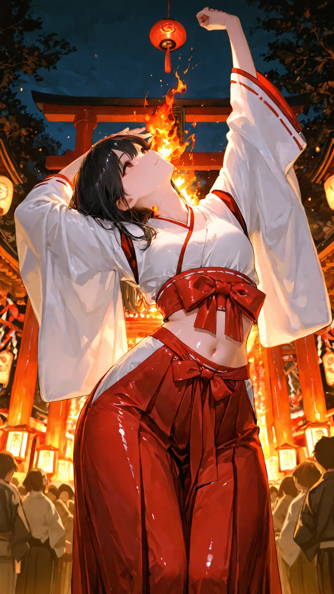 top quality, Picture, in fine detail, young shrine maiden, Authentic shrine maiden costume, ミニHakamaをはいている、long black hair, traditional white and red costume, stretching arms toward the camera, making direct eye contact, Night Fire Festival, Dance of Fire Illuminated from Below, The sacred torii gate is visible, soft focus festival crowd, lantern in the other hand, Immersive First-Person Perspective, Japanese cultural celebration,wide hips,Hakama, Face focus, tilt your neck, glossy skin, Beautiful navel、