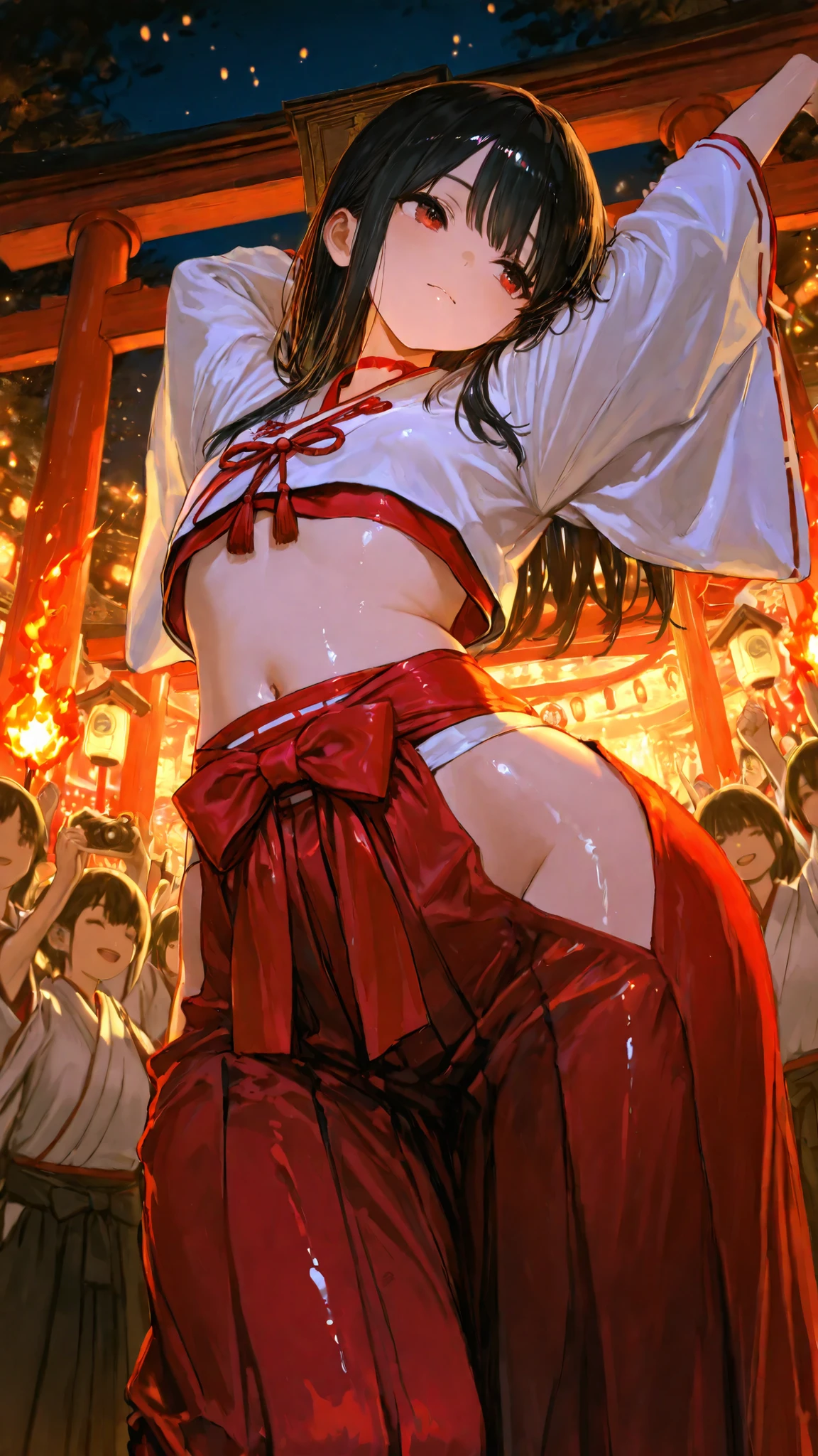 top quality, Picture, in fine detail, young shrine maiden, Authentic shrine maiden costume, (ミニHakamaをはいている:1.5)、long black hair, traditional white and red costume, stretching arms toward the camera, making direct eye contact, Night Fire Festival, Dance of Fire Illuminated from Below, The sacred torii gate is visible, soft focus festival crowd, lantern in the other hand, Immersive First-Person Perspective, Japanese cultural celebration,wide hips,Hakama, Face focus, tilt your neck, glossy skin, Beautiful navel、