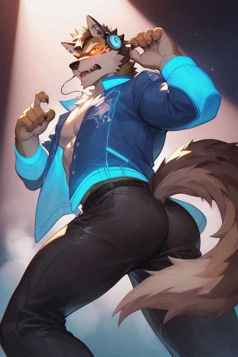 (lower camera angle, dramatic pose, looking down at viewer), (masterpiece,high quality), solo,furry,mature male,male focus, (by waspsalad:1.1), by photonoko, by sallyhot, by skygracer:0.4, solo, (anthro,mature male boy shiba inu,(chibi:0.3), ((beige fur)), amber eyes), shiba inu tail, tropical island, cuberpunk mythology, (blue collar with pup tag), (blue goggles on head), (wearing blue speedo, ), male brown pubic hair