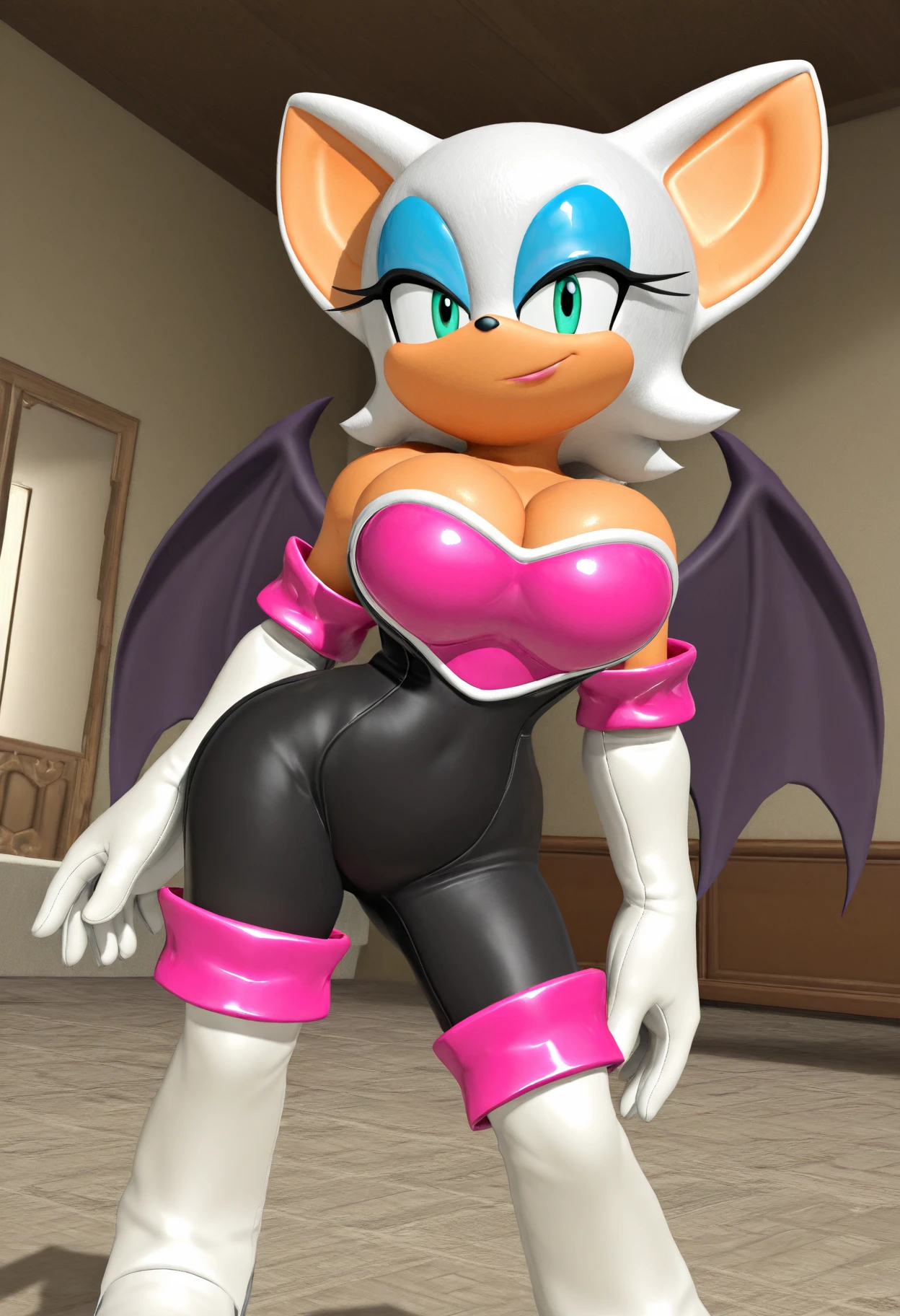 ((Rouge the bat)), ((pixelsketcher)), ((wamudraws)), ((masterpiece)), ((high resolution)), ((back view)), {(attractive figure), (large breasts), (beautiful legs), (black nose), (short tail), (bat wings), (turquoise eyes), (blue eyeshadow), (pink lipstick), (smug smirk)}, {(shoulderless bodysuit), (cleavage), (white gloves), (kneehighs boots)}, {(crawling through vent), (hands on floor), (looking back at viewer)}, ((metal vent)), ((dark lighting)), ((compositing))
