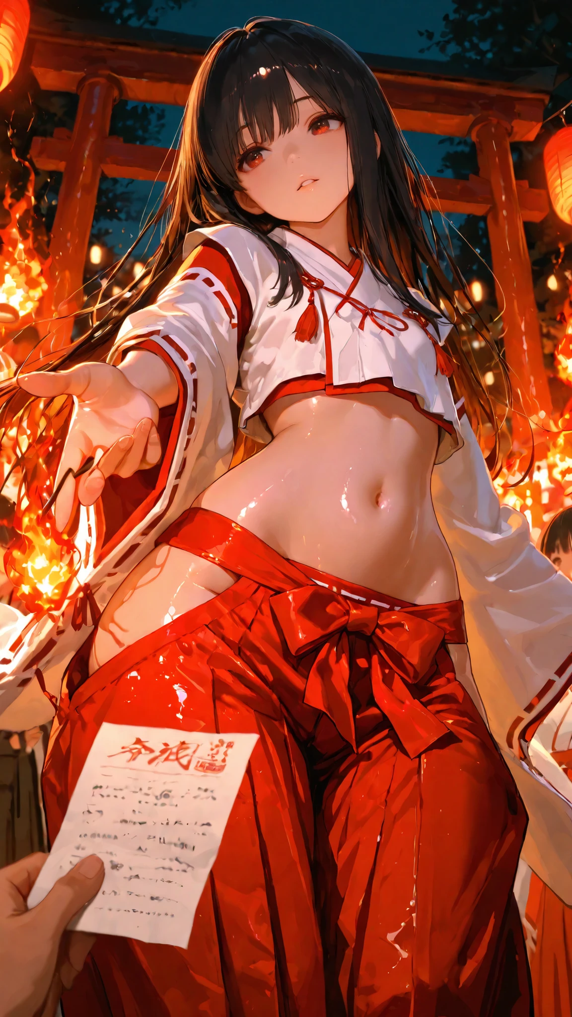 top quality, Picture, in fine detail, young shrine maiden, Authentic shrine maiden costume, long black hair, traditional white and red costume, stretching arms toward the camera, making direct eye contact, Night Fire Festival, Dance of Fire Illuminated from Below, The sacred torii gate is visible, soft focus festival crowd, lantern in the other hand, Immersive First-Person Perspective, Japanese cultural celebration,wide hips,Hakama, Face focus, tilt your neck, glossy skin, belly button