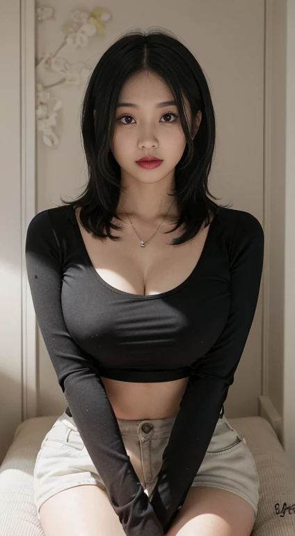 ((Midnight, Best quality, 8k, Masterpiece :1.3)), (close up), Sharp focus, A pretty woman with perfect figure, ((black hair, Big breasts)), (tight t-shirt, short skirt, Standing), ((Night city view, Rooftop)), Highly detailed face and skin texture, Detailed eyes, Double eyelid, cleavage