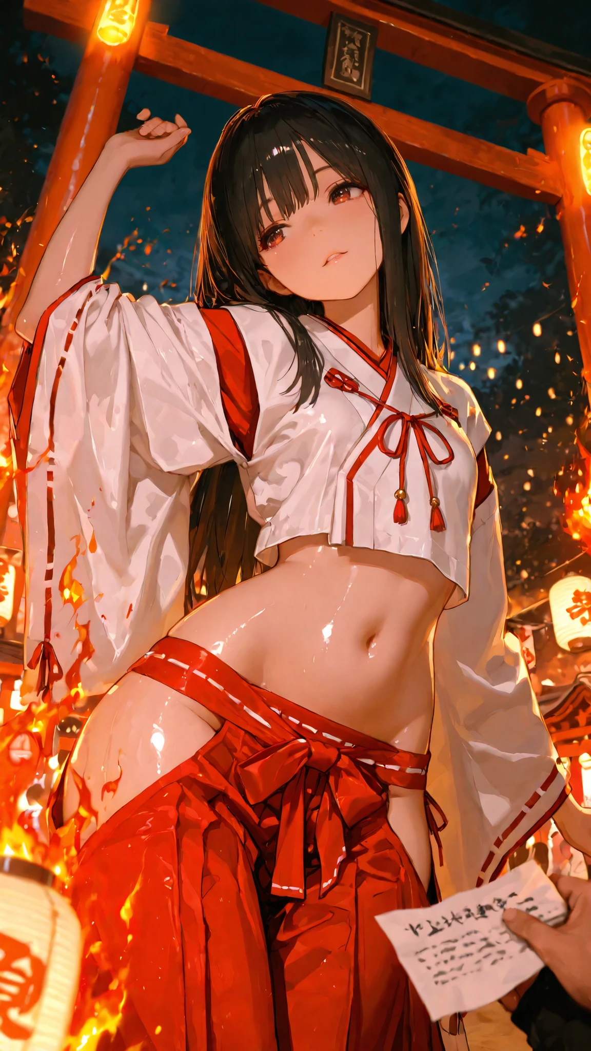 top quality, Picture, in fine detail, young shrine maiden, Authentic shrine maiden costume, long black hair, traditional white and red costume, stretching arms toward the camera, making direct eye contact, Night Fire Festival, Dance of Fire Illuminated from Below, The sacred torii gate is visible, soft focus festival crowd, lantern in the other hand, Immersive First-Person Perspective, Japanese cultural celebration,wide hips,Hakama, Face focus, tilt your neck, glossy skin, belly button