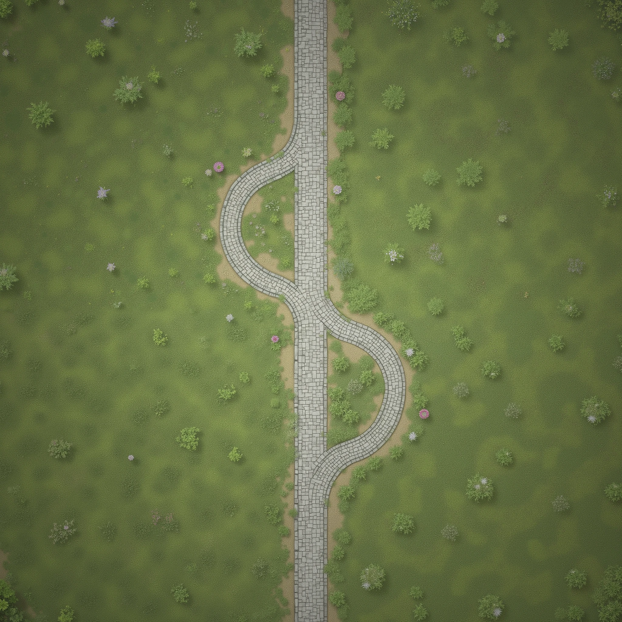 planar two-dimensional image of the map top view in the form of a board game mat elven lawn with white marble brick paths