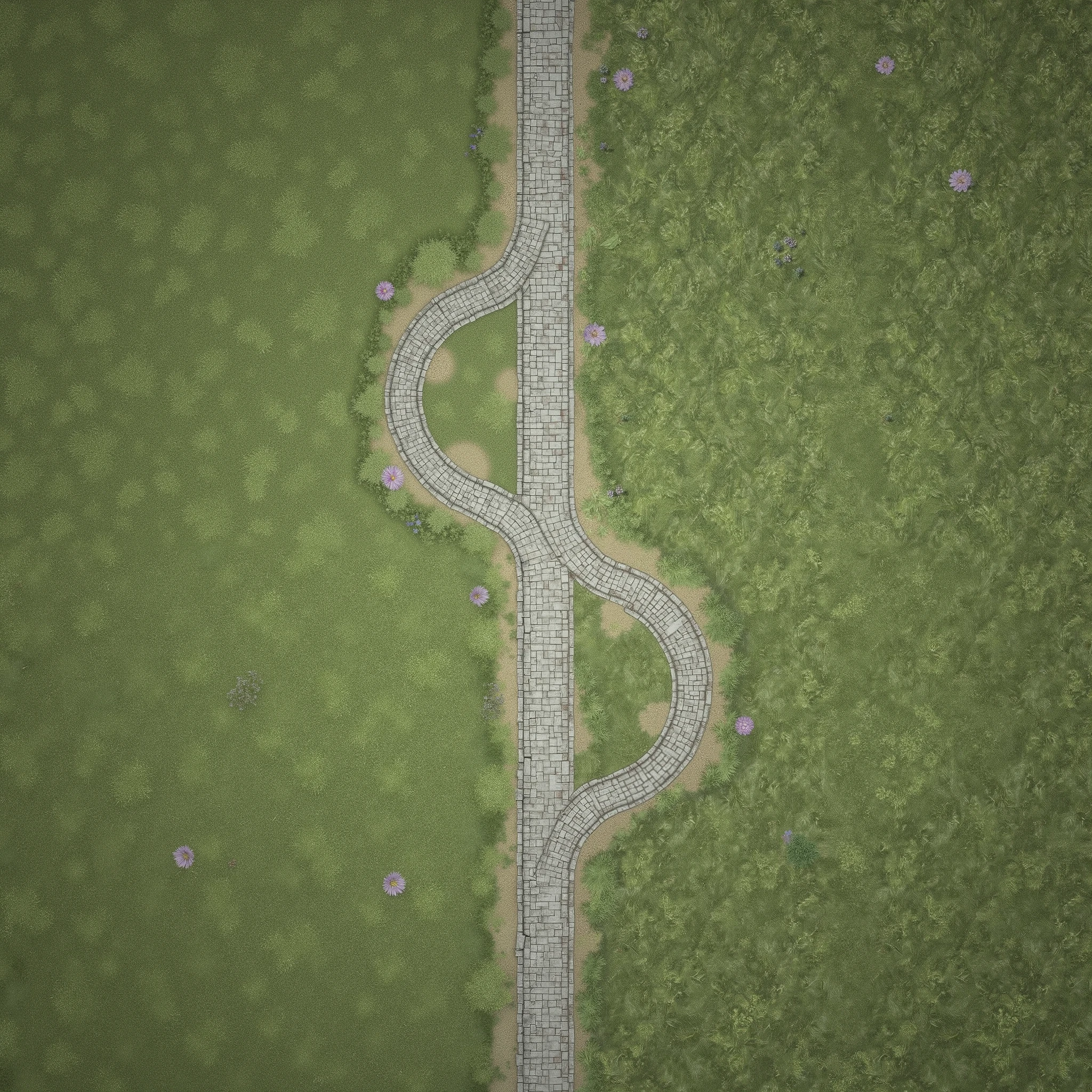 planar two-dimensional image of the map top view in the form of a board game mat elven lawn with white marble brick paths