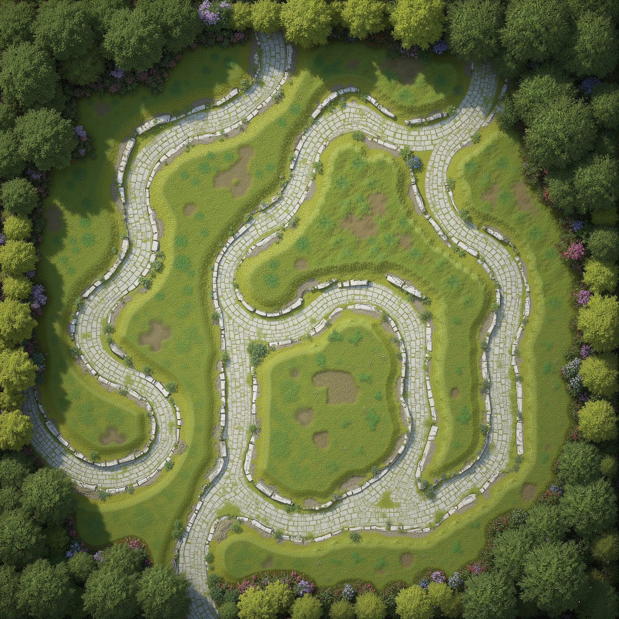 RPGmap,planar two-dimensional image of the map top view in the form of a board game mat elven lawn with white marble brick paths