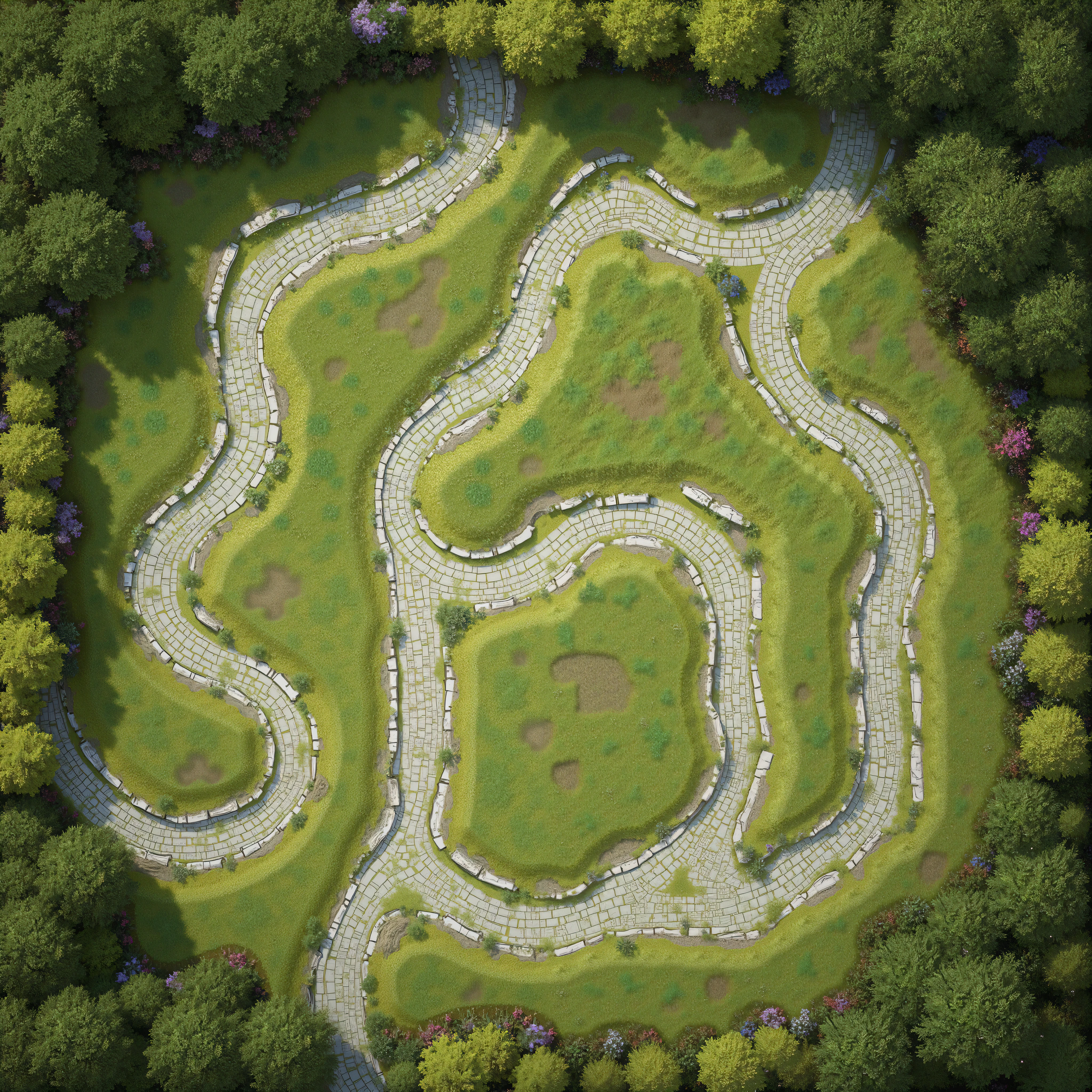 RPGmap,planar two-dimensional image of the map top view in the form of a board game mat elven lawn with white marble brick paths