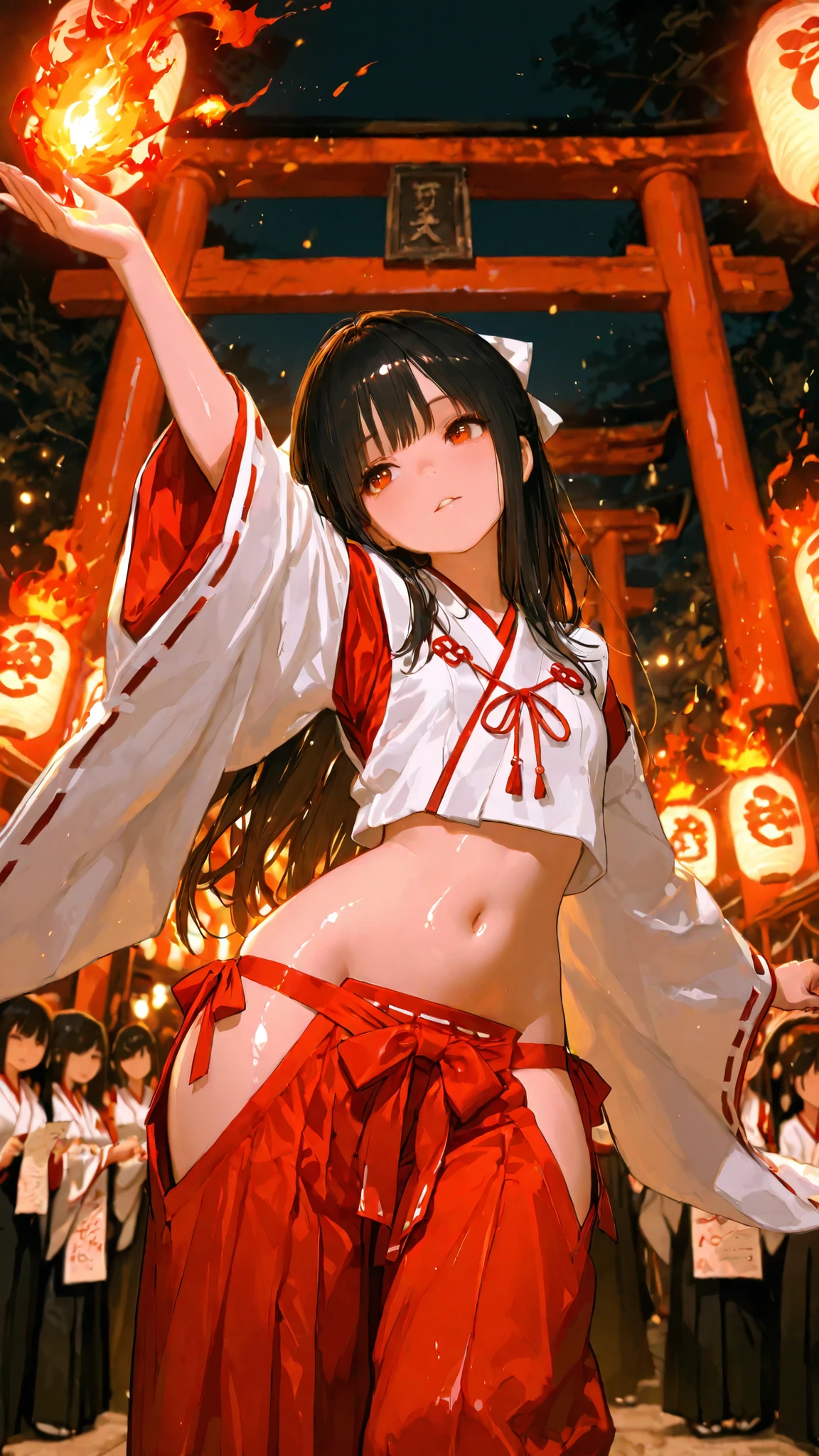 top quality, Picture, in fine detail, young shrine maiden, Authentic shrine maiden costume, long black hair, traditional white and red costume, stretching her arms towards the camera, making direct eye contact, Night Fire Festival, Dance of Fire Illuminated from Below, The sacred torii gate is visible, soft focus festival crowd with direct eye contact, lantern in the other hand, Immersive First-Person Perspective, Japanese cultural celebration,wide hips,Hakama, Face focus, tilt your neck, glossy skin, belly button