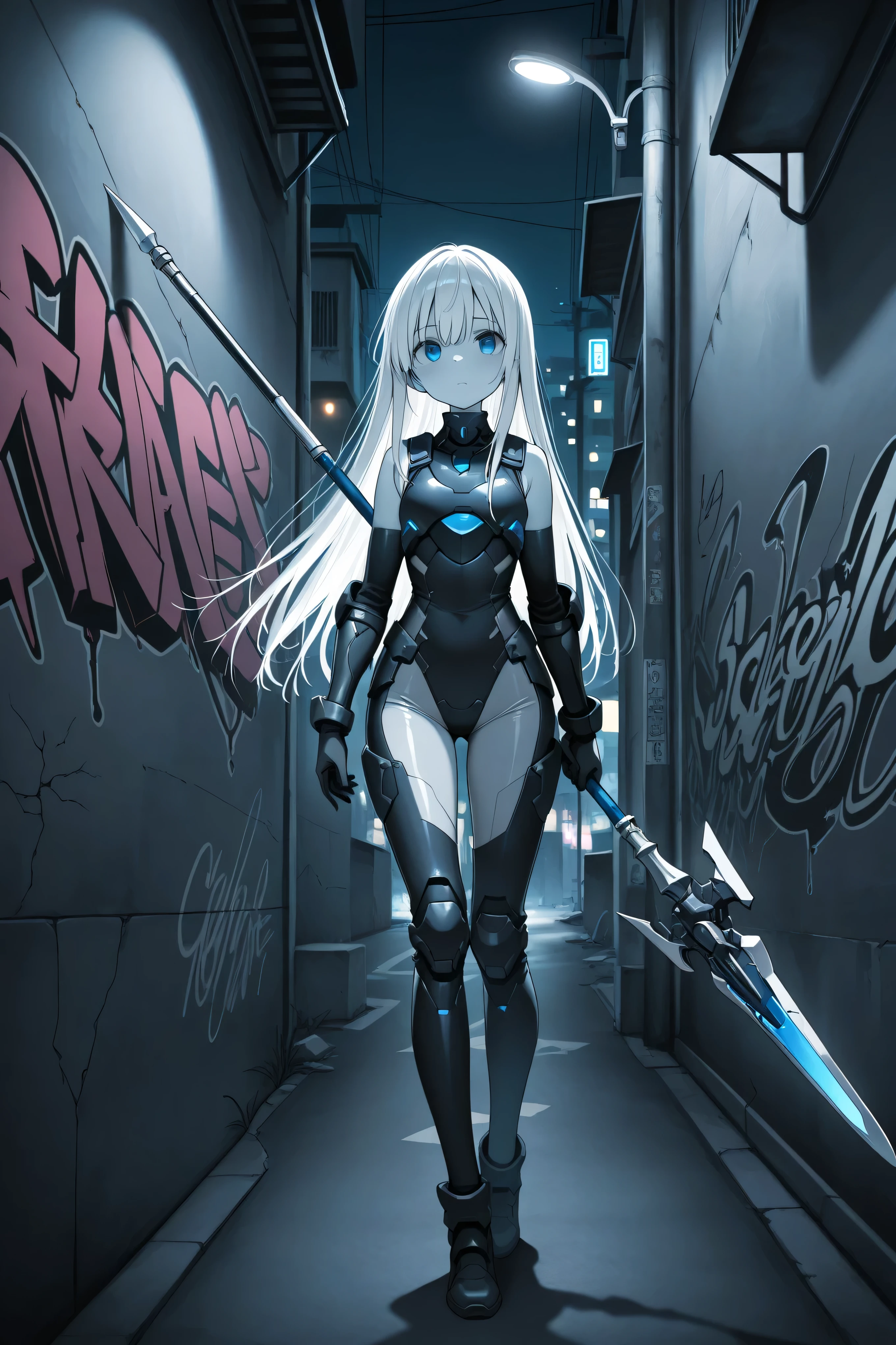 masterpiece, best quality, photography, ultra high resolution, faded color, an anime girl, cute face, armored girl, slender body, clear skin, mechanical spear, spear aimed, (Hold the spear with one hand), blue eyes, absolutely white hair, long hair, straight hair, battle suit, combat armor, high-leg, sleeveless, bodysuit, graffiti, urban, slum, night, night time, concrete wall, shadow, detailed eyes, cute eyes, street light, grayscale