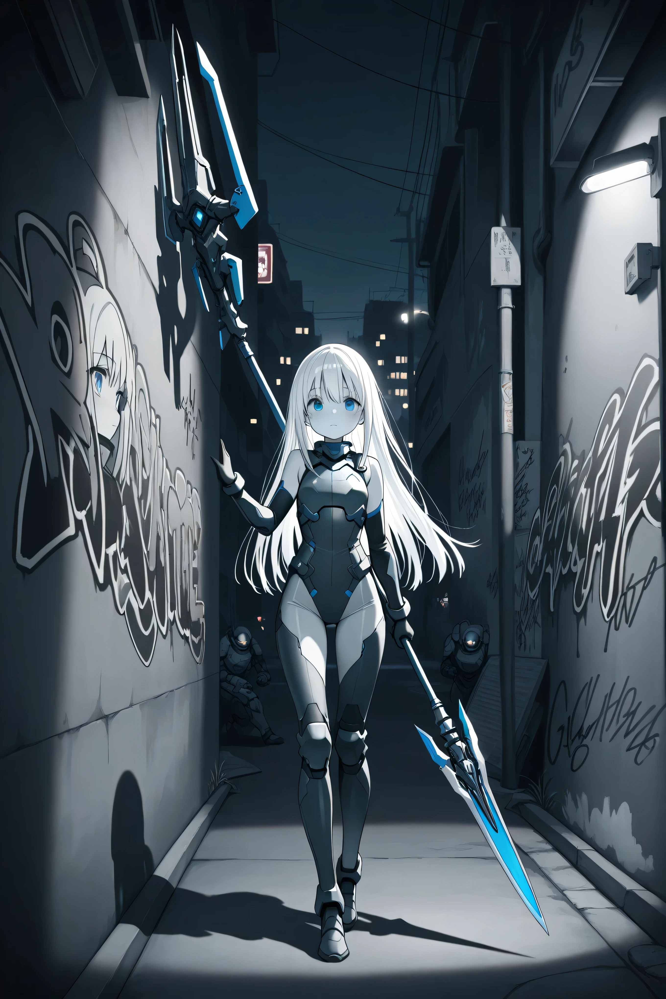 masterpiece, best quality, photography, ultra high resolution, faded color, an anime girl, cute face, armored girl, slender body, clear skin, mechanical spear, spear aimed, (Hold the spear with one hand), blue eyes, absolutely white hair, long hair, straight hair, battle suit, combat armor, high-leg, sleeveless, bodysuit, graffiti, urban, slum, night, night time, concrete wall, shadow, detailed eyes, cute eyes, street light, grayscale