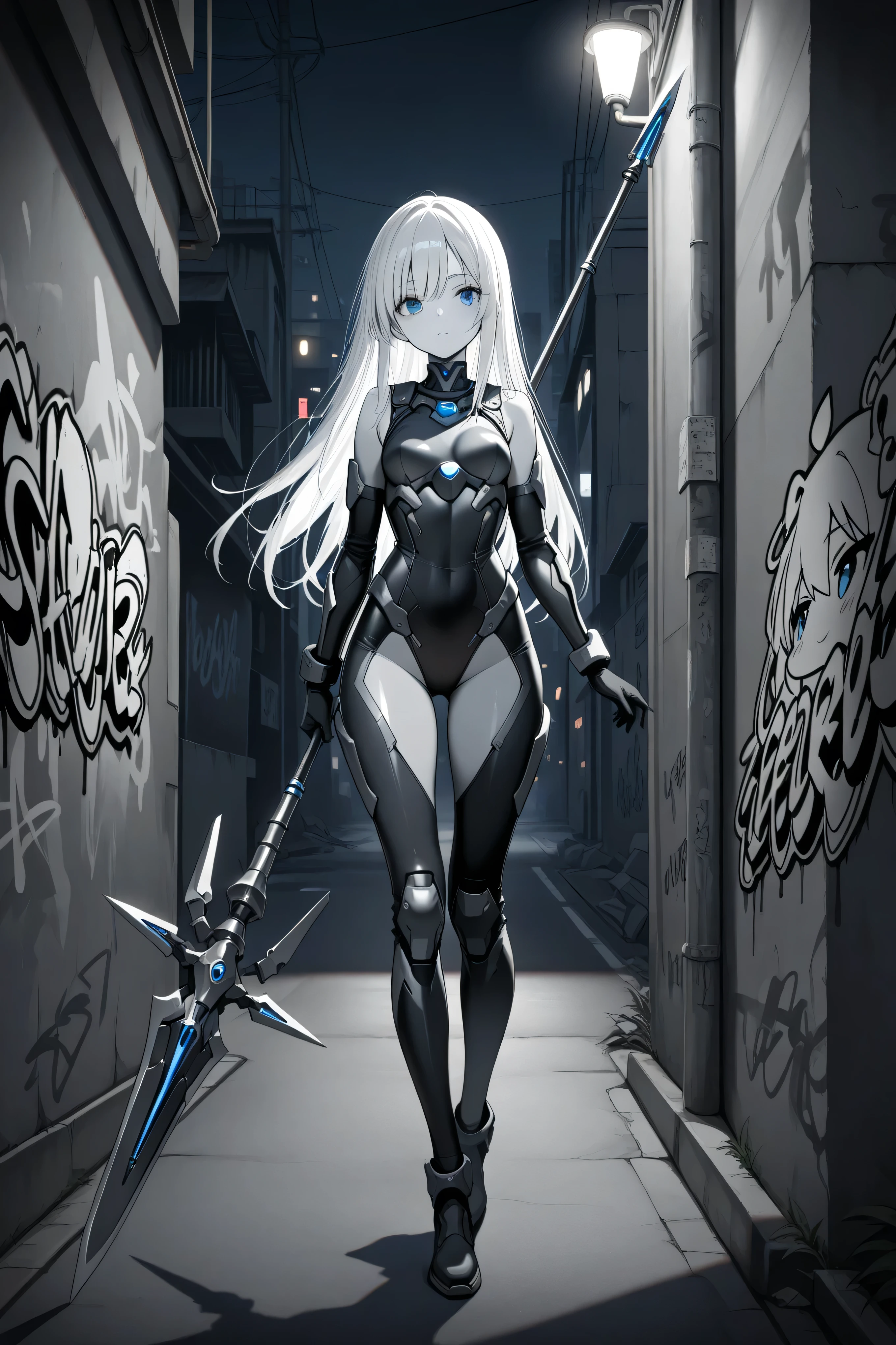 masterpiece, best quality, photography, ultra high resolution, faded color, an anime girl, cute face, armored girl, slender body, clear skin, mechanical spear, spear aimed, (Hold the spear with one hand), blue eyes, absolutely white hair, long hair, straight hair, battle suit, combat armor, high-leg, sleeveless, bodysuit, graffiti, urban, slum, night, night time, concrete wall, shadow, detailed eyes, cute eyes, street light, grayscale