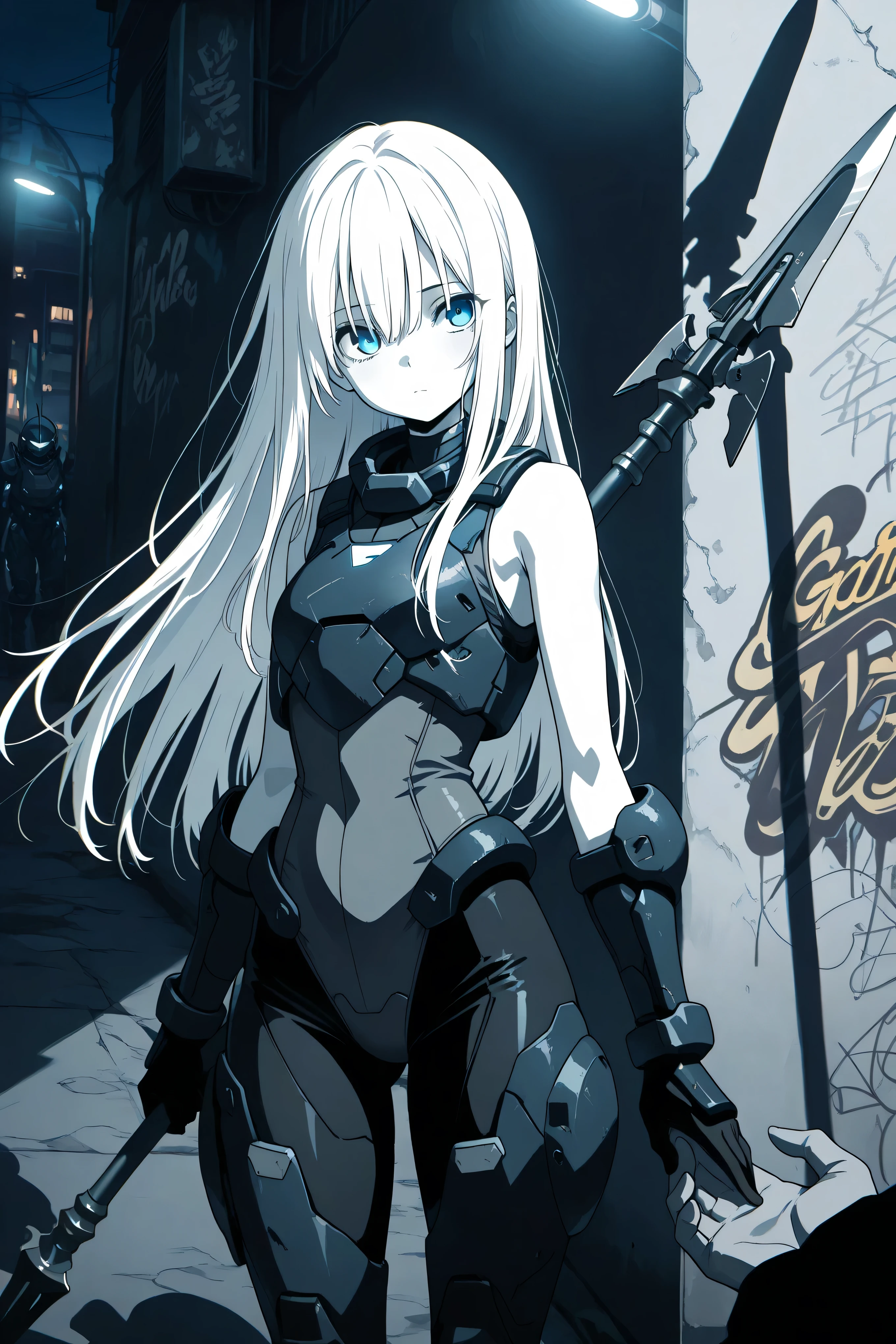 masterpiece, best quality, photography, ultra high resolution, faded color, an anime girl, cute face, armored girl, slender body, clear skin, mechanical spear, spear aimed, (Hold the spear with one hand), blue eyes, absolutely white hair, long hair, straight hair, battle suit, combat armor, high-leg, sleeveless, bodysuit, graffiti, urban, slum, night, night time, concrete wall, shadow, detailed eyes, cute eyes, street light, grayscale